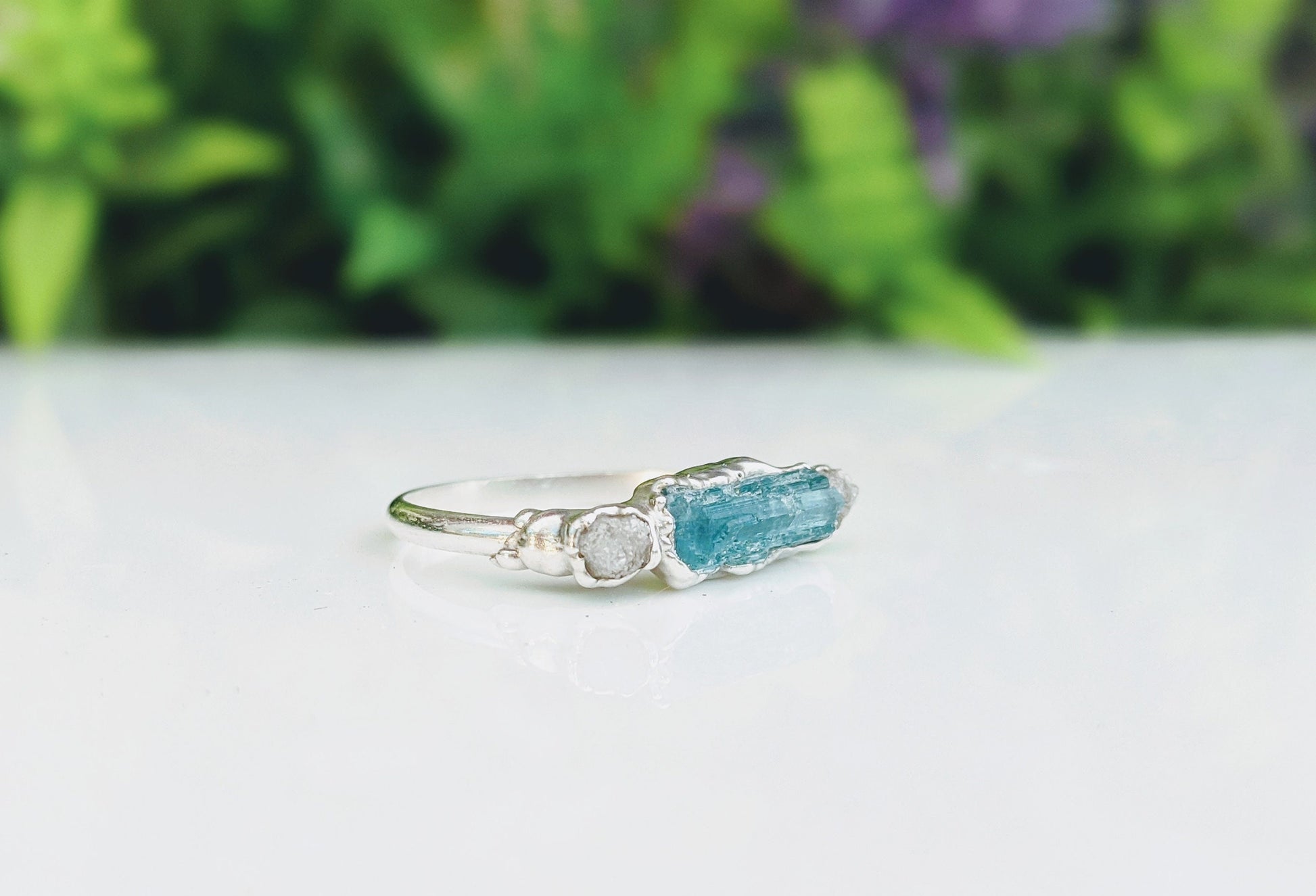 Blue Tourmaline and raw diamond Silver bar ring - Moondrop Creations