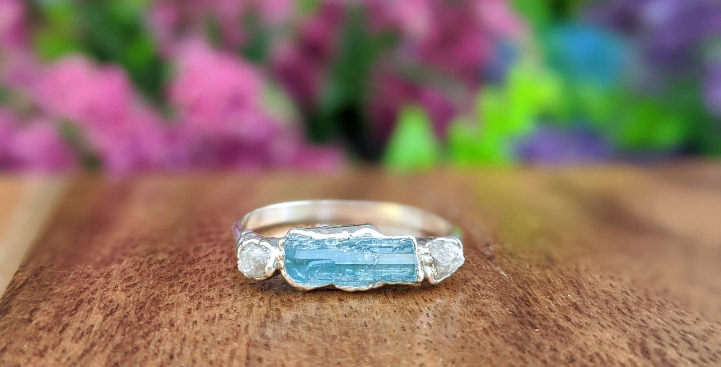 Blue Tourmaline and raw diamond Silver bar ring