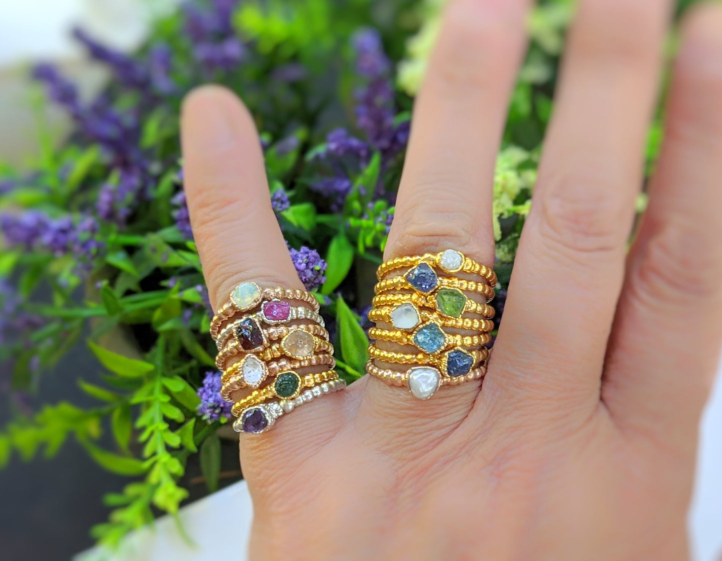 Raw gemstone beaded rings uniquely set in 18k Gold