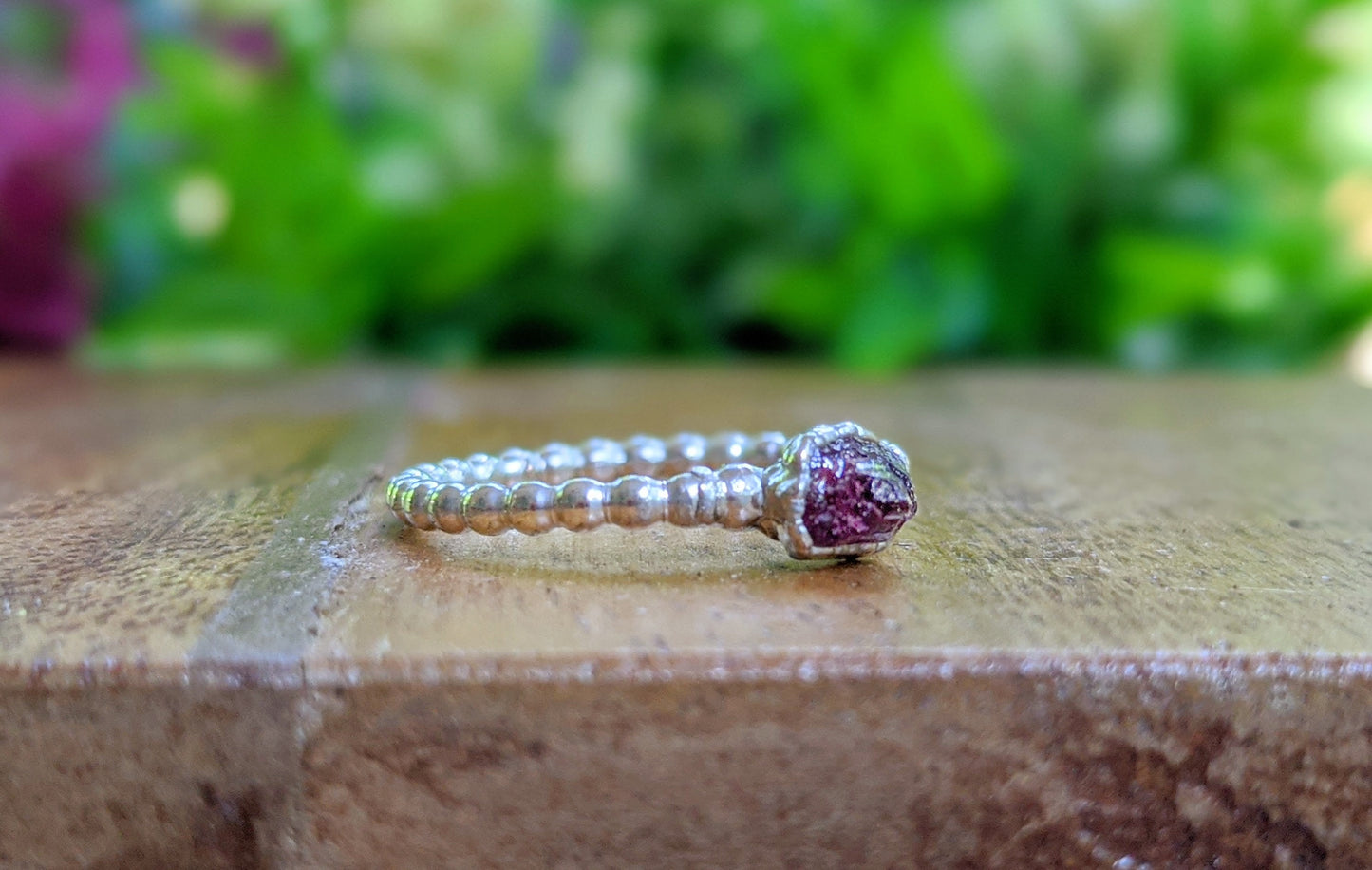 Raw Pink Tourmaline beaded ring uniquely set in Fine 99.9 Silver