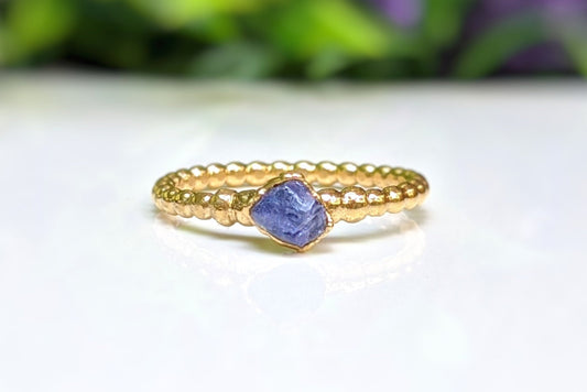 Raw Tanzanite beaded ring uniquely set in 18k Gold