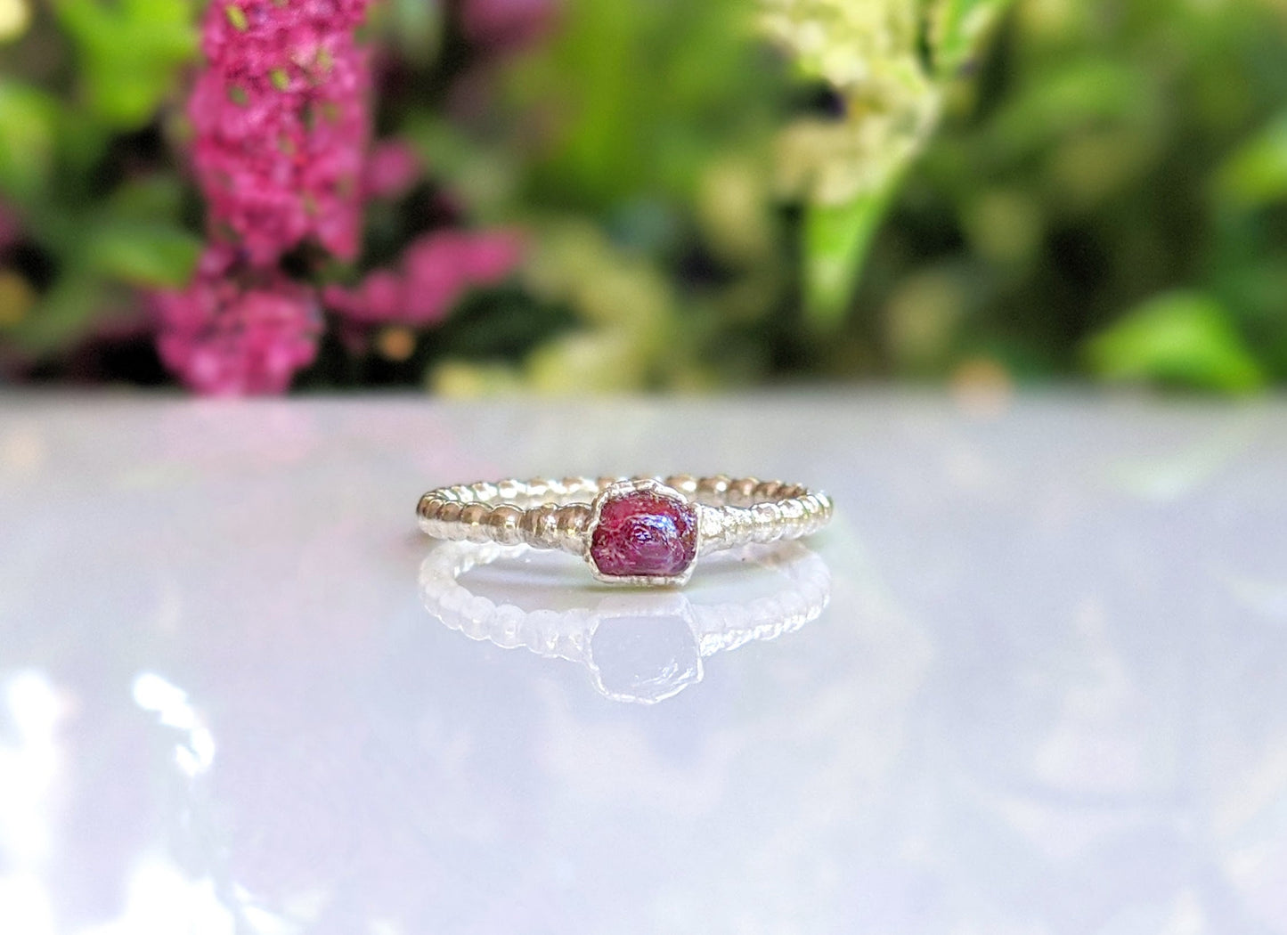 Raw Pink tourmaline beaded ring uniquely set in Fine 99.9 Silver