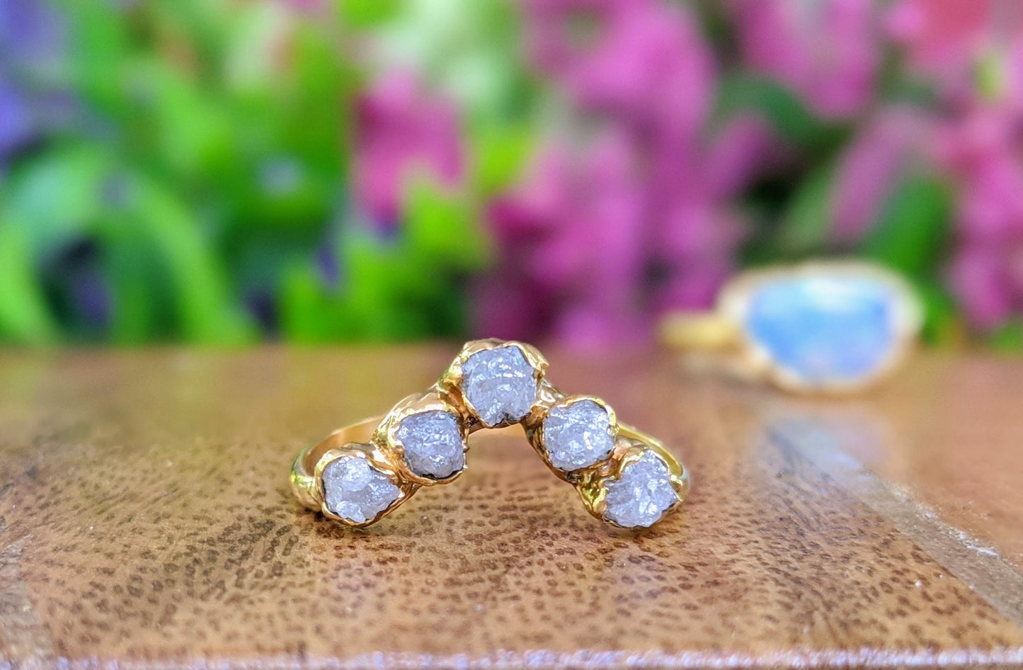 Raw uncut diamond Wedding Chevron ring in 18k Gold