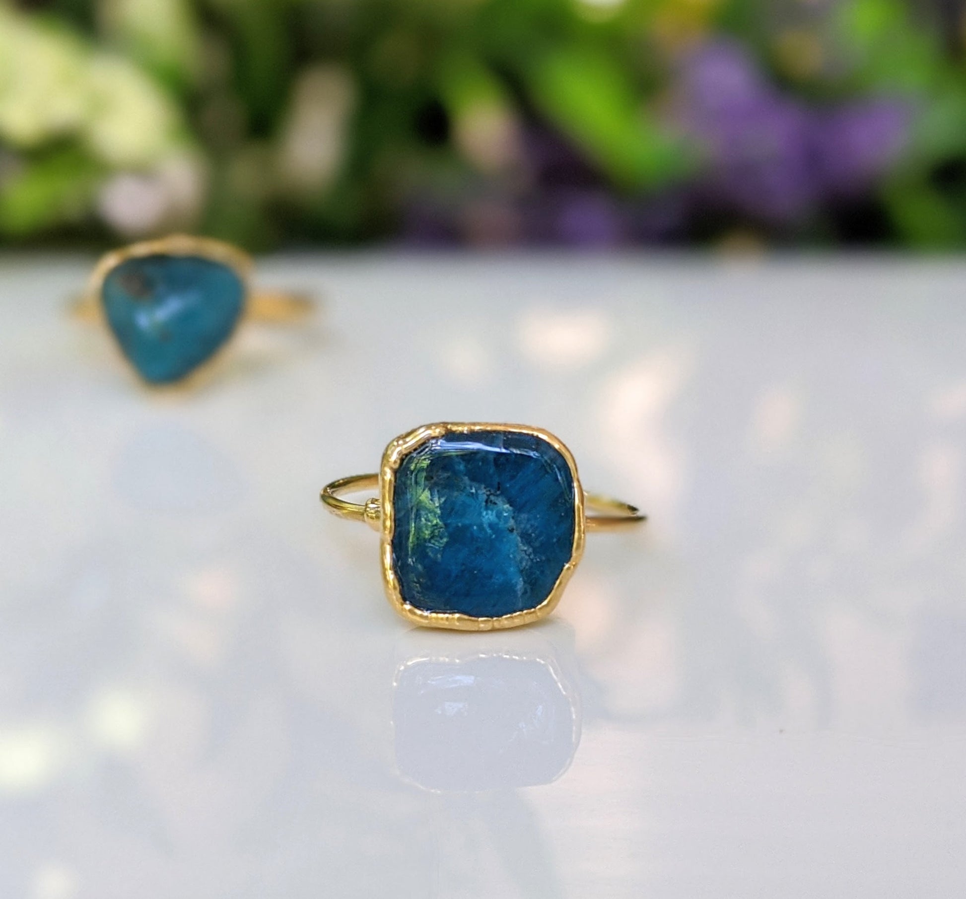 Natural Blue Apatite ring in unique 18k Gold setting 