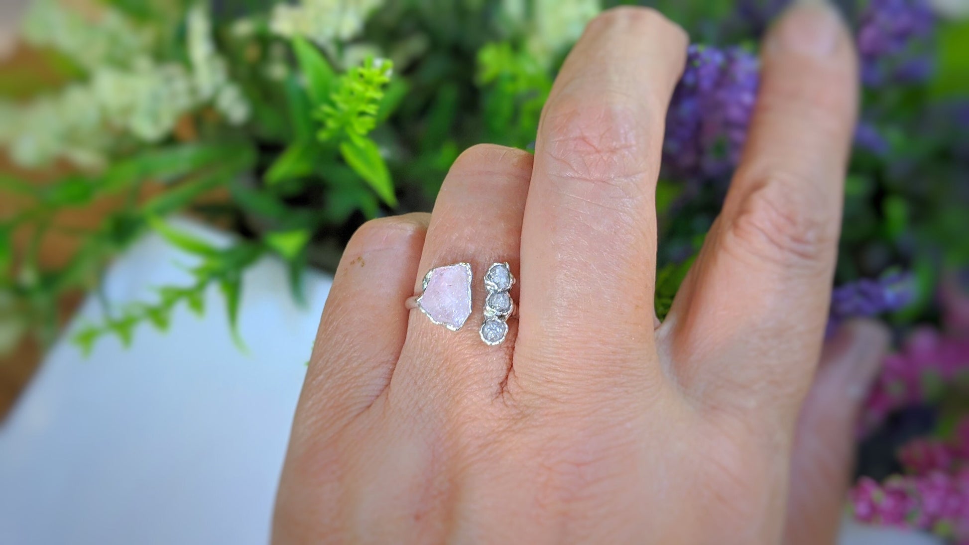 Raw Morganite and rough diamond Engagement ring in Fine 99.9 Silver