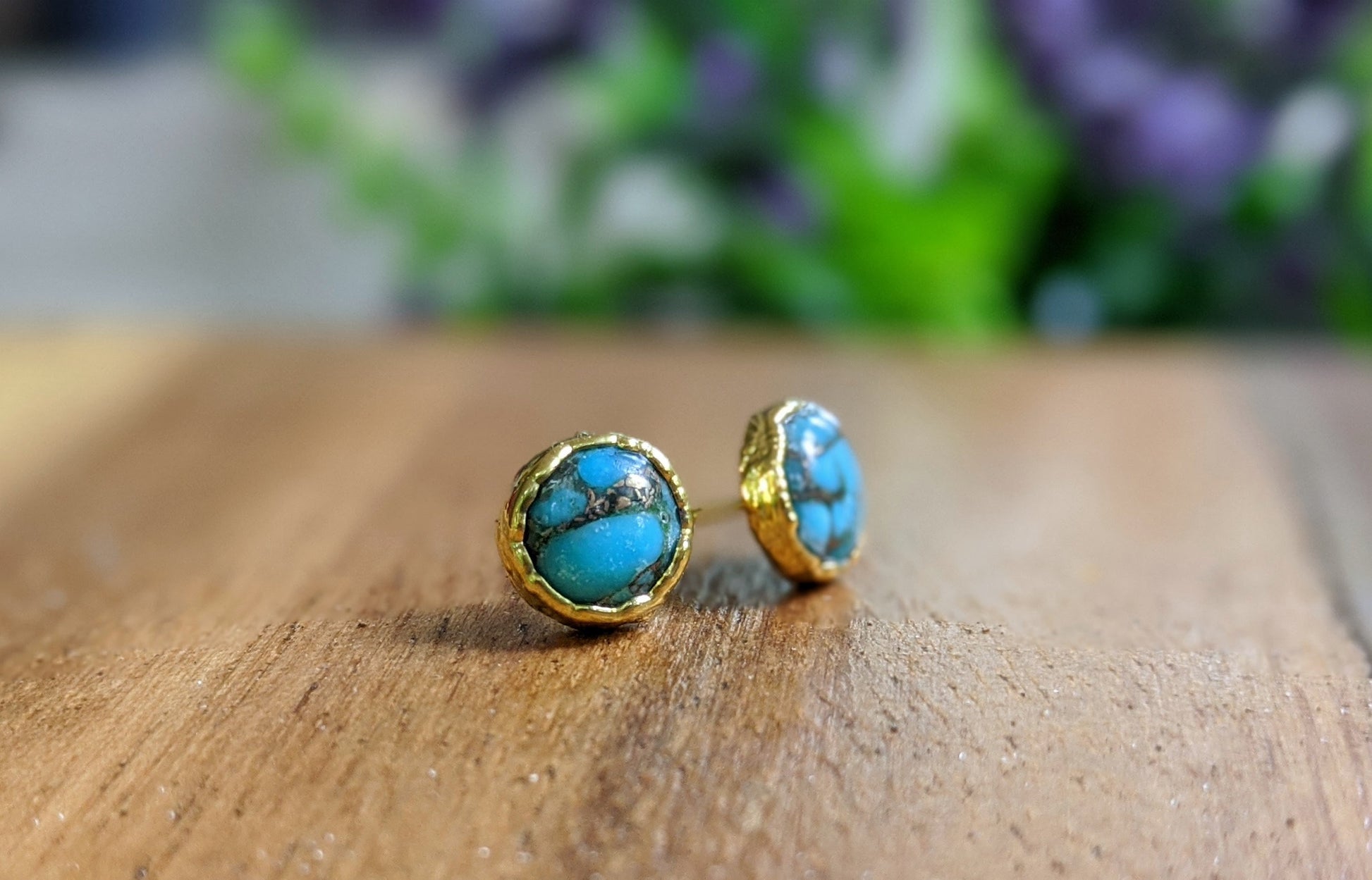 Round Natural Copper Turquoise stud earrings in unique 18k Gold setting