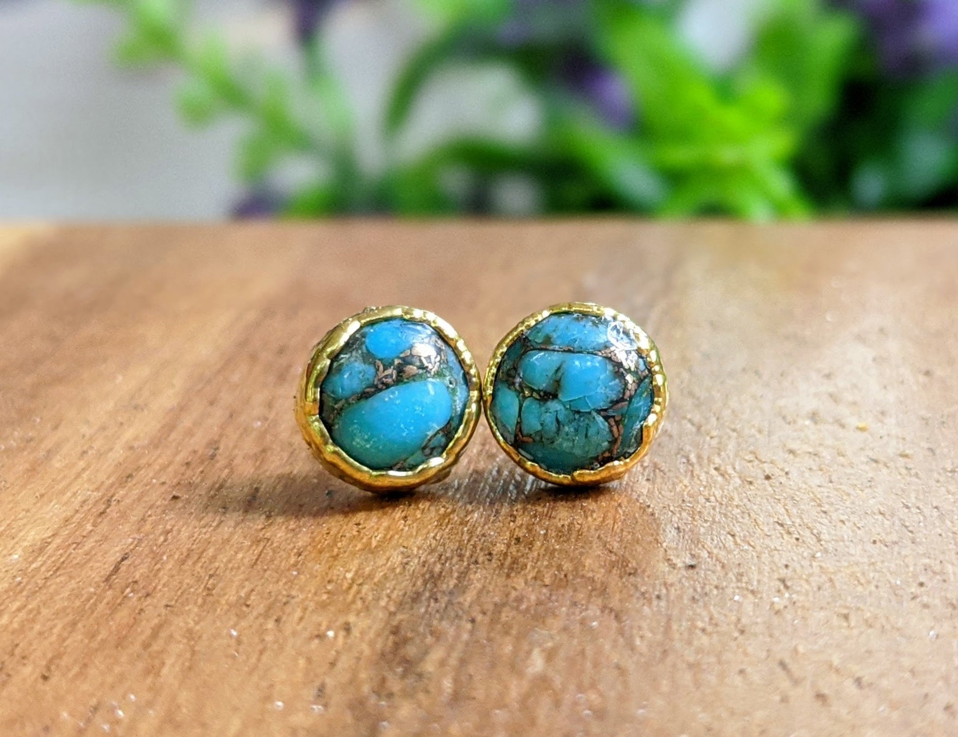 Round Natural Copper Turquoise stud earrings in unique 18k Gold setting