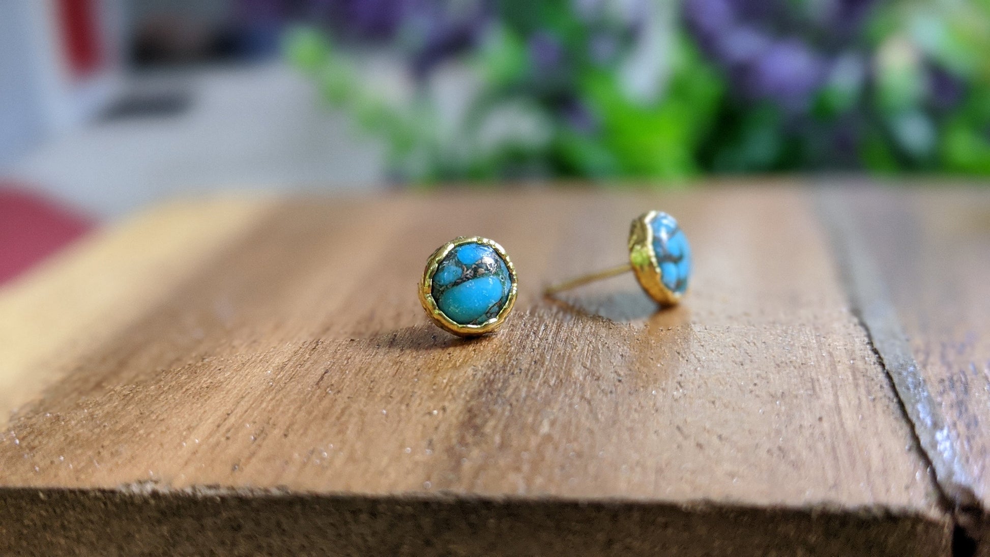 Round Natural Copper Turquoise stud earrings in unique 18k Gold setting