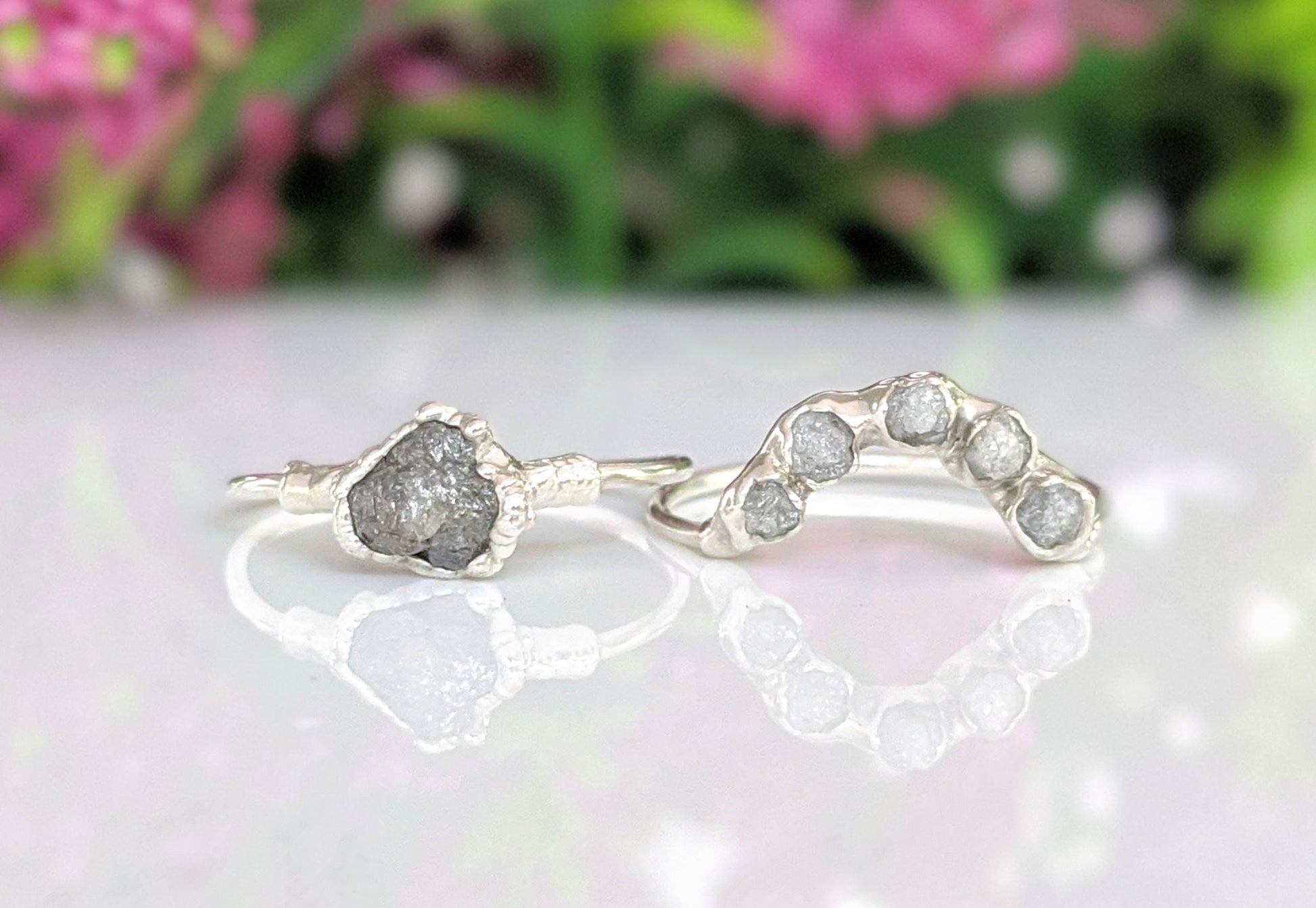 Raw rough diamond Curved Wedding ring set in Fine 99.9 Silver