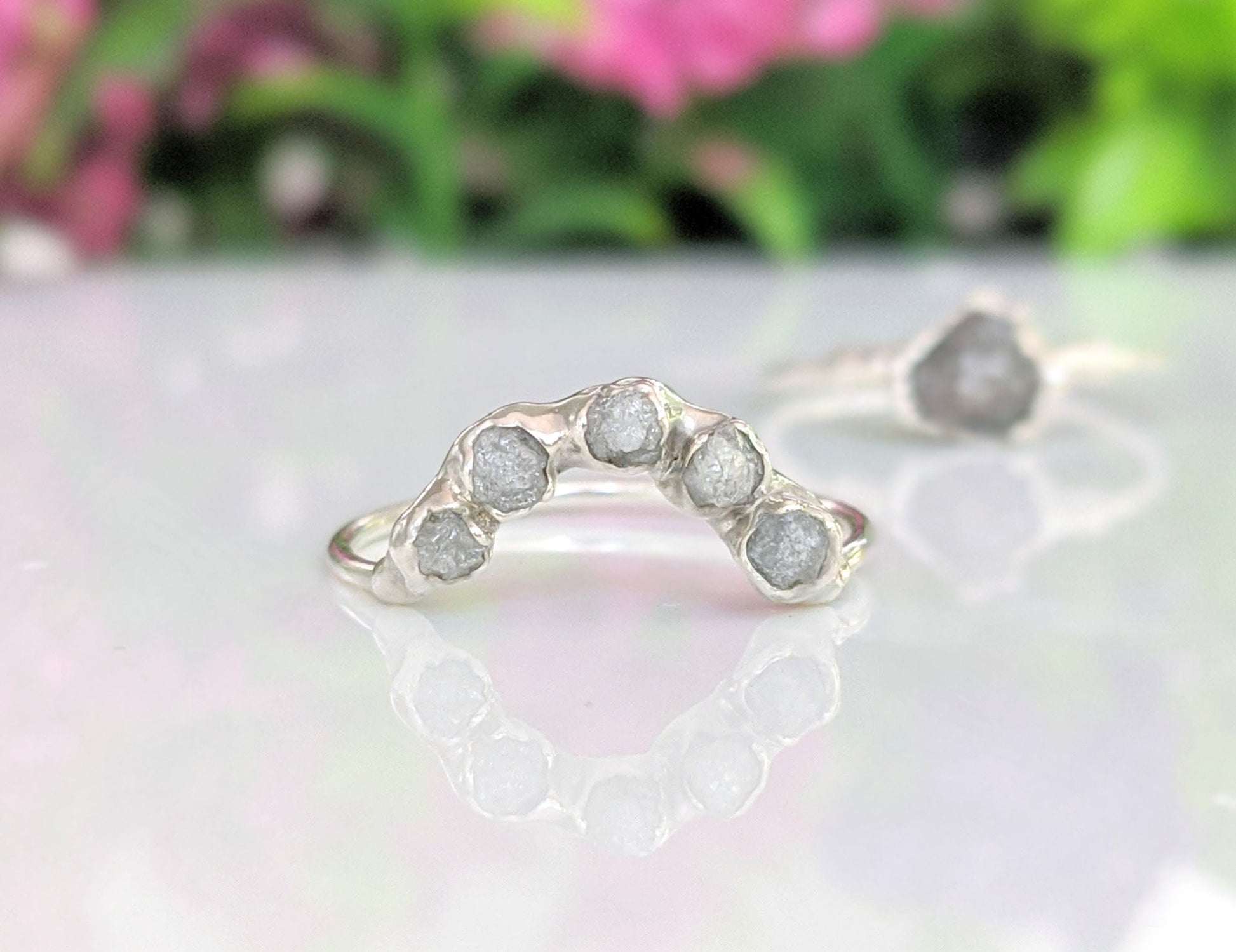 Raw diamond Chevron wedding ring set - Moondrop Creations