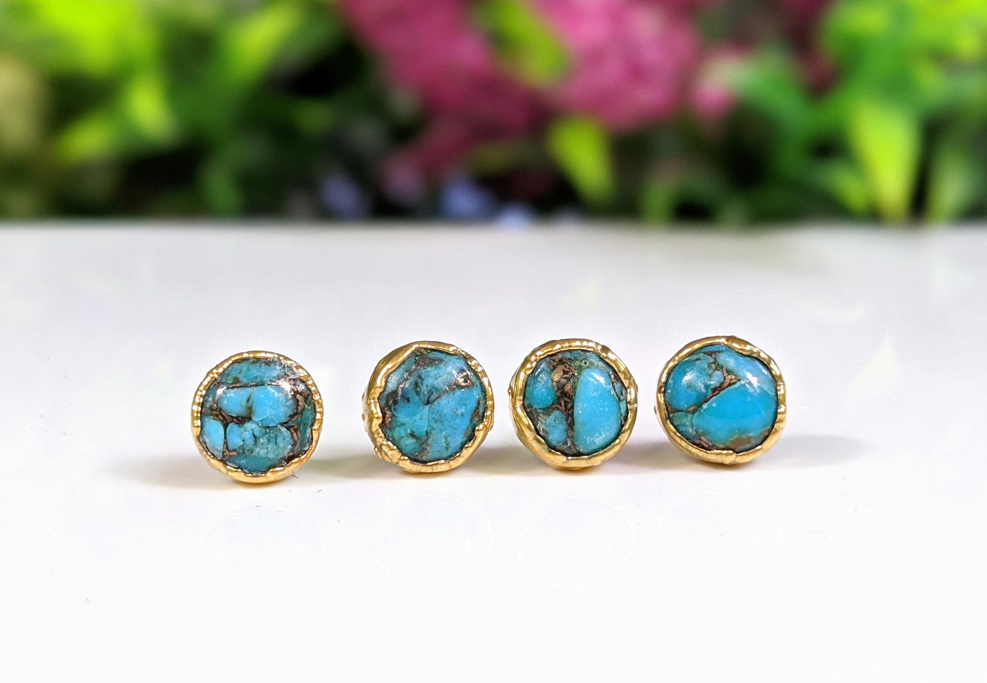 Round Natural Copper Turquoise stud earrings in unique 18k Gold setting