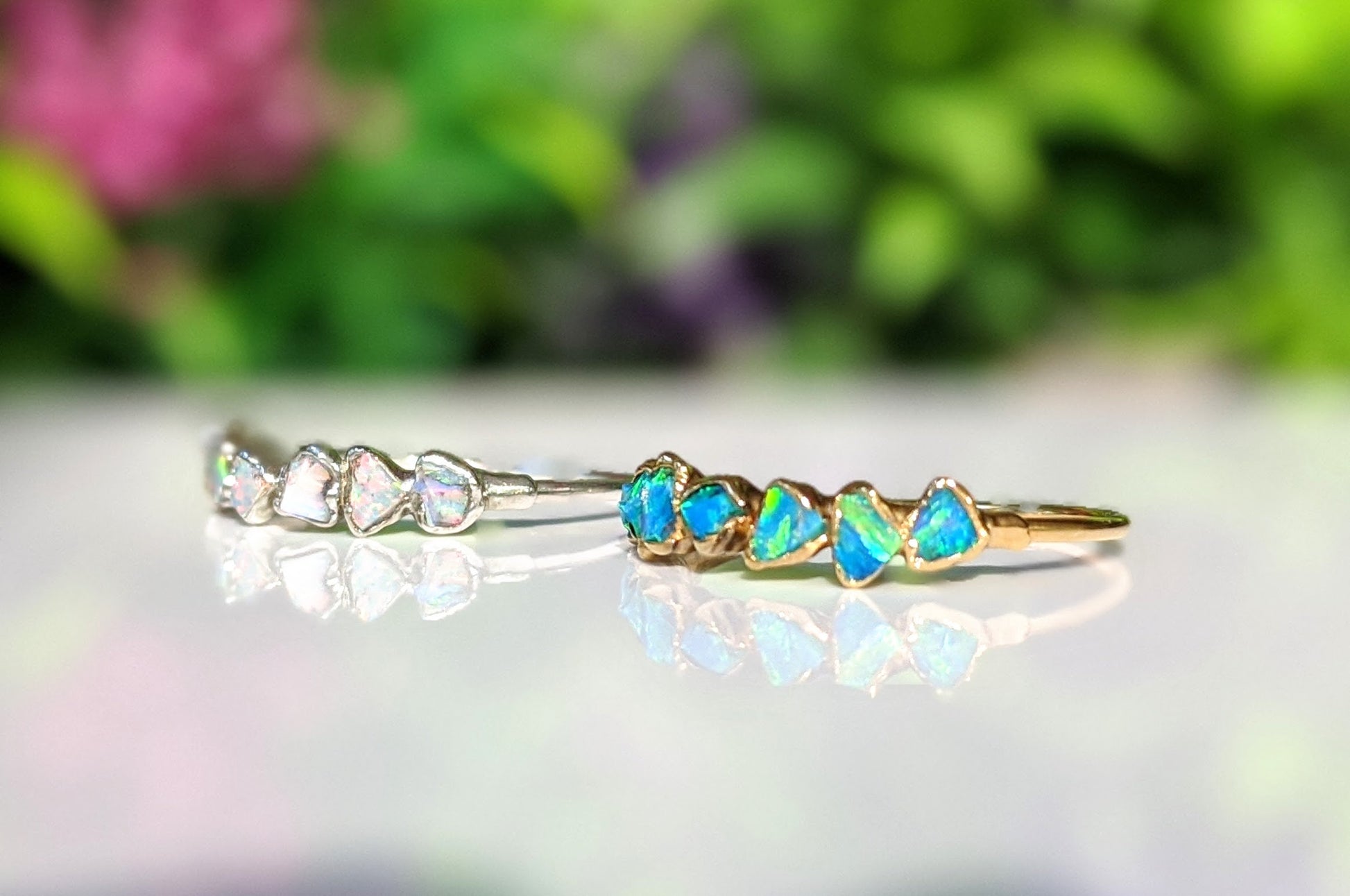 Raw Opal Eternity rings uniquely set in Fine 99.9 Silver and 18k Gold 