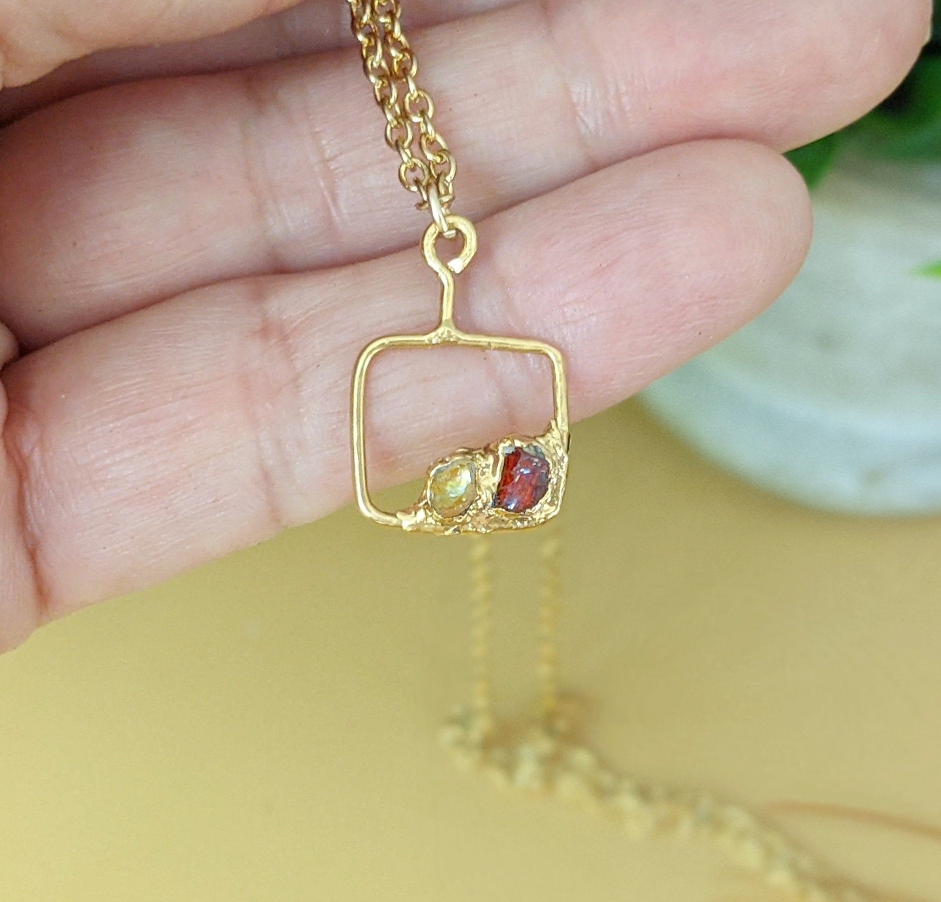 Unique 2-stone Personalized Family Birthstone necklace in unique 18k Gold setting