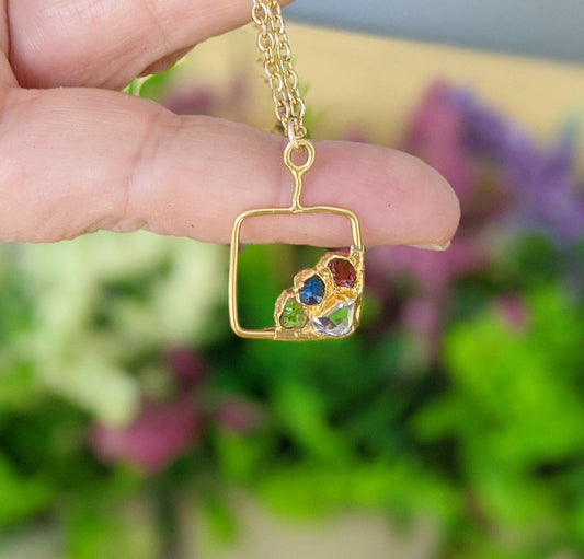 Unique 4-stone Personalized Family Birthstone necklace in unique 18k Gold setting