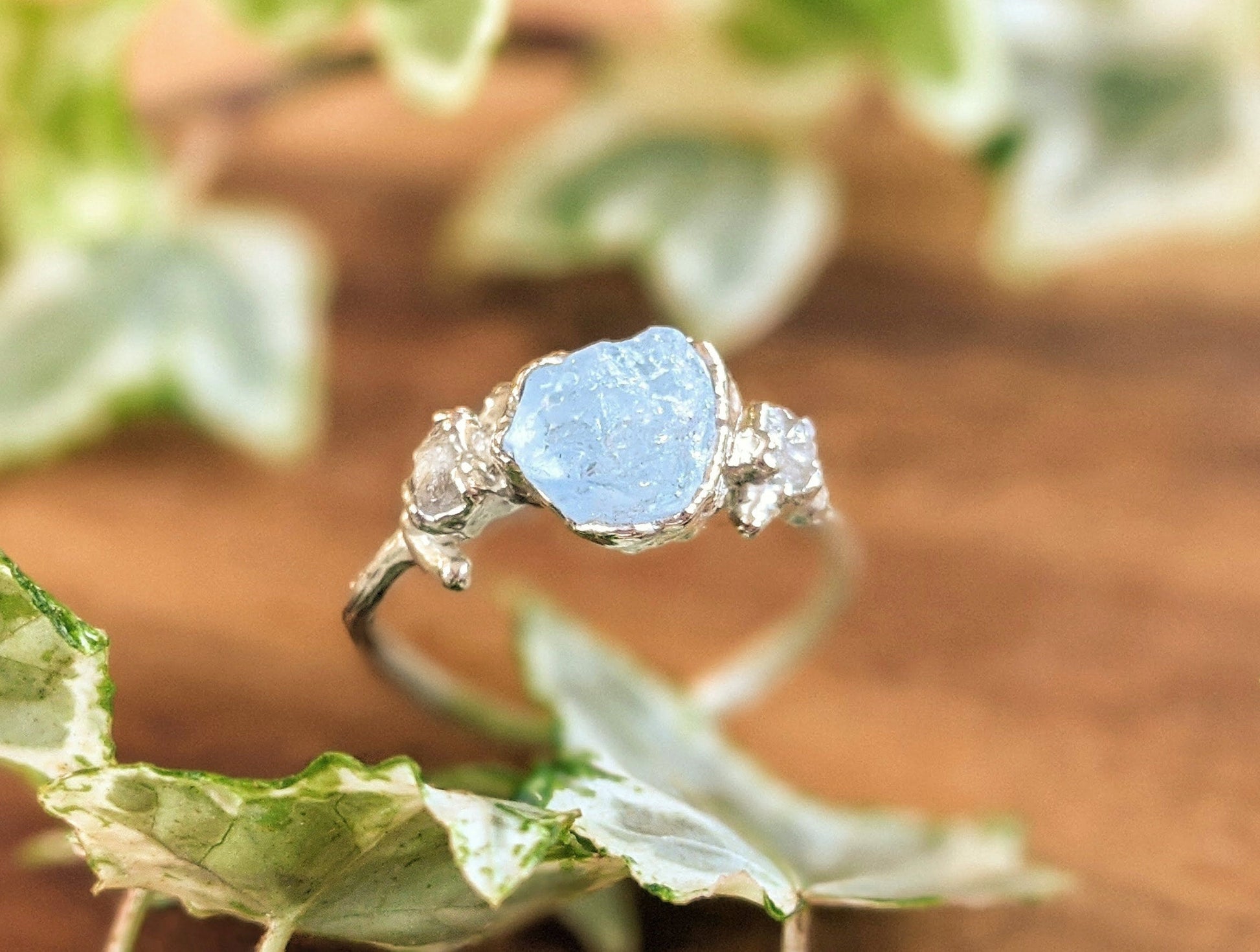 Raw Aquamarine and diamond twig ring - Main Image