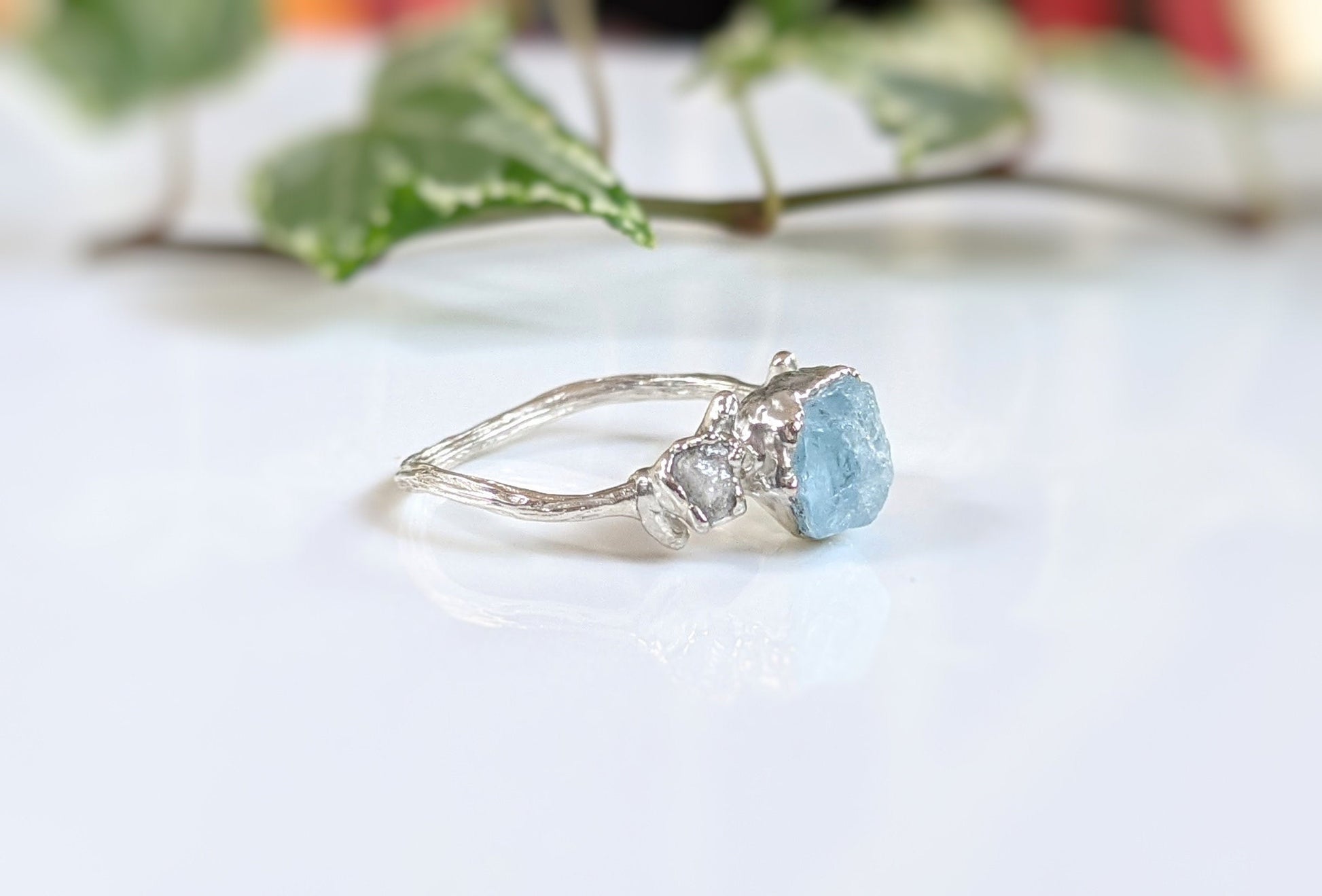 Raw Aquamarine and rough diamond Twig Engagement ring in fine 99.9 Silver