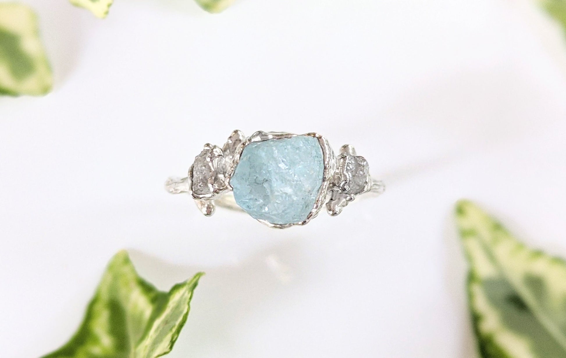 Raw Aquamarine and rough diamond Twig Engagement ring in Fine 99.9 Silver