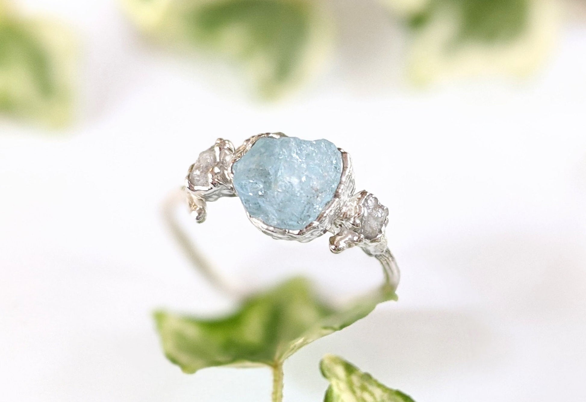 Raw Aquamarine and rough diamond Twig Engagement ring in Fine 99.9 Silver