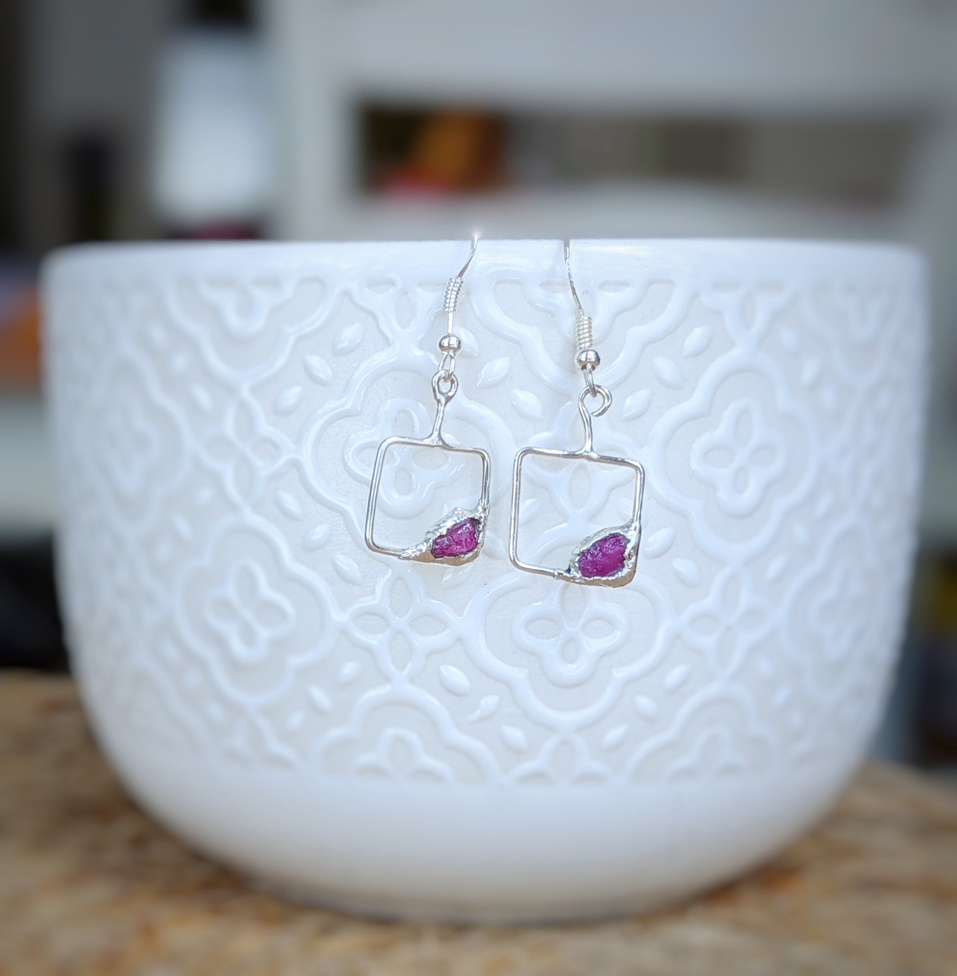 Raw Ruby dangle earrings in unique square 18k Gold setting