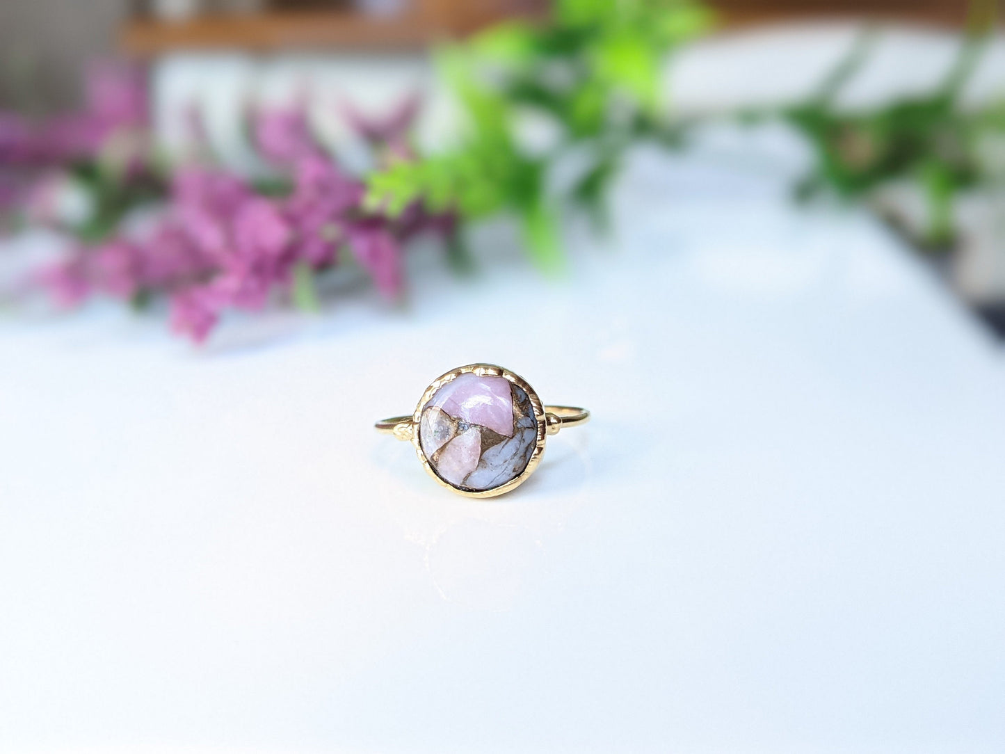 Pink Opal Copper ring in unique 18k Gold setting 