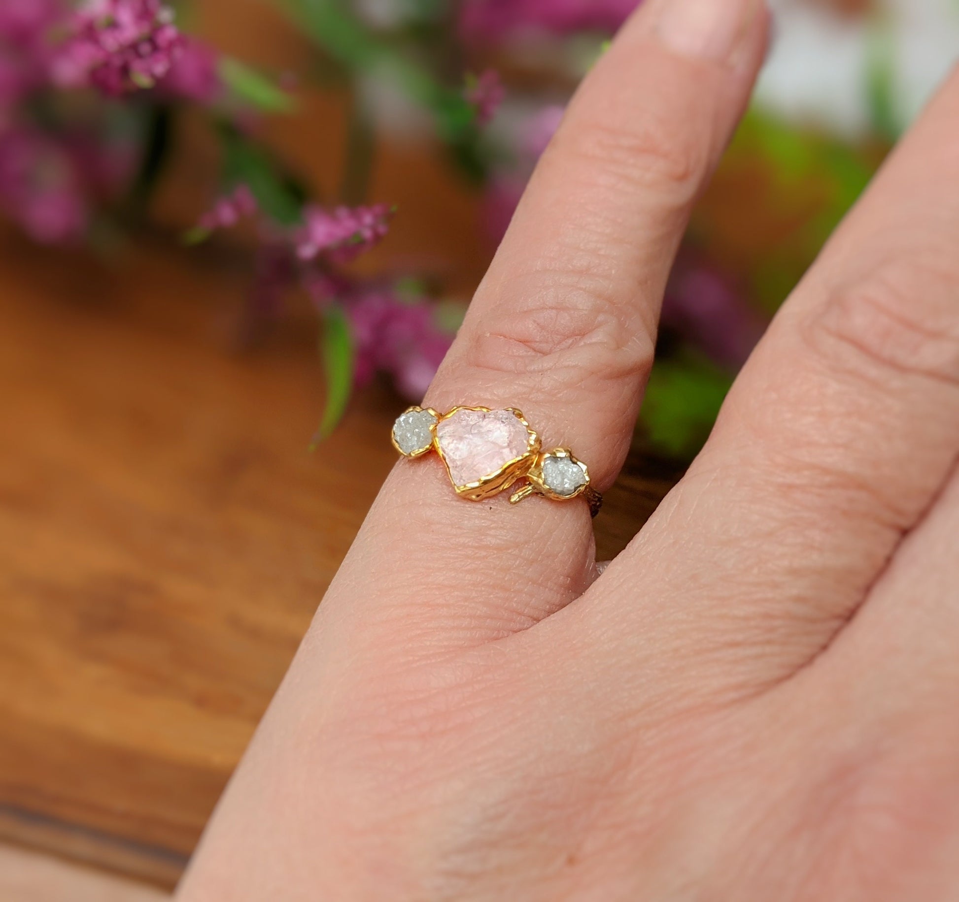 Raw PInk Morganite and rough diamond Twig Engagement ring in 18k Gold