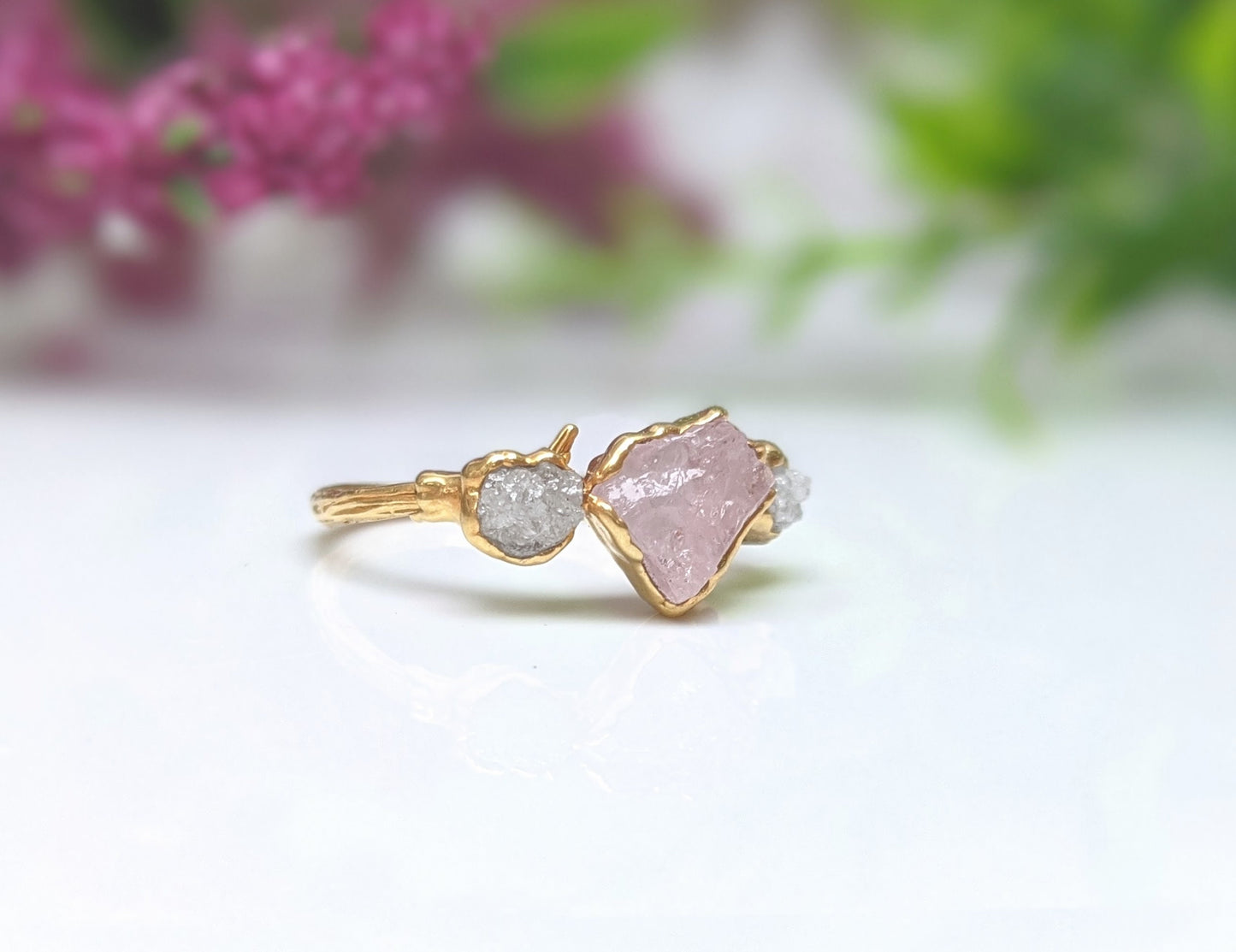 Raw Morganite and rough diamond Twig Engagement ring in 18k Gold