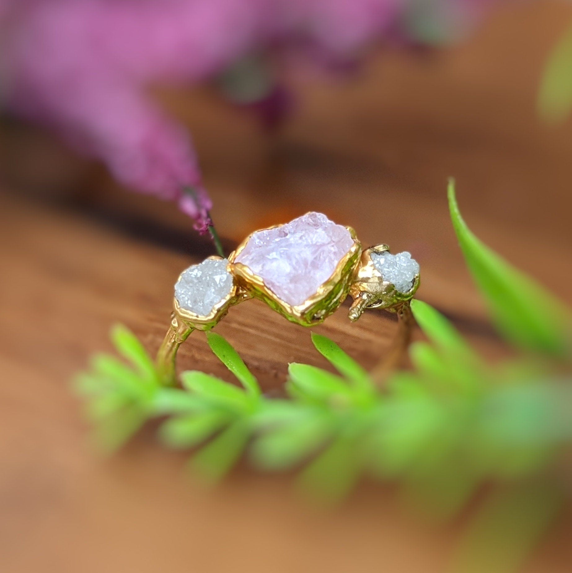 Raw Morganite and rough diamond Twig Engagement ring in 18k Gold