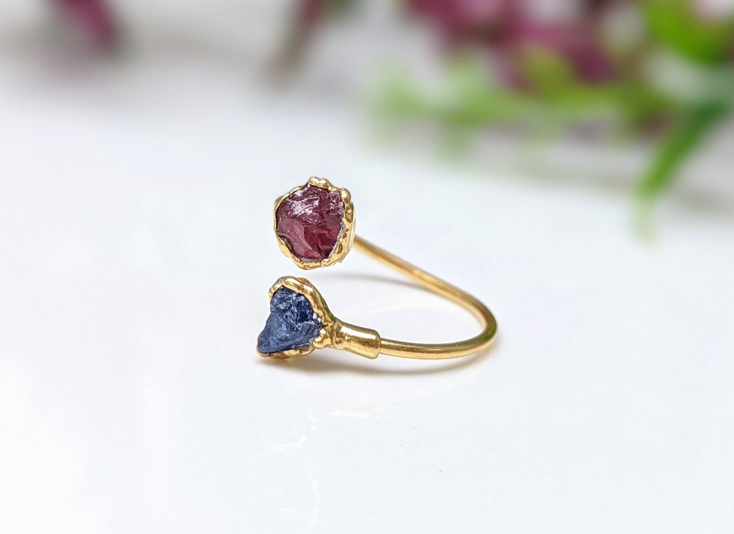 Toi et Moi raw gemstone ring ~ Family Birthstone ring in unique 18k Gold setting