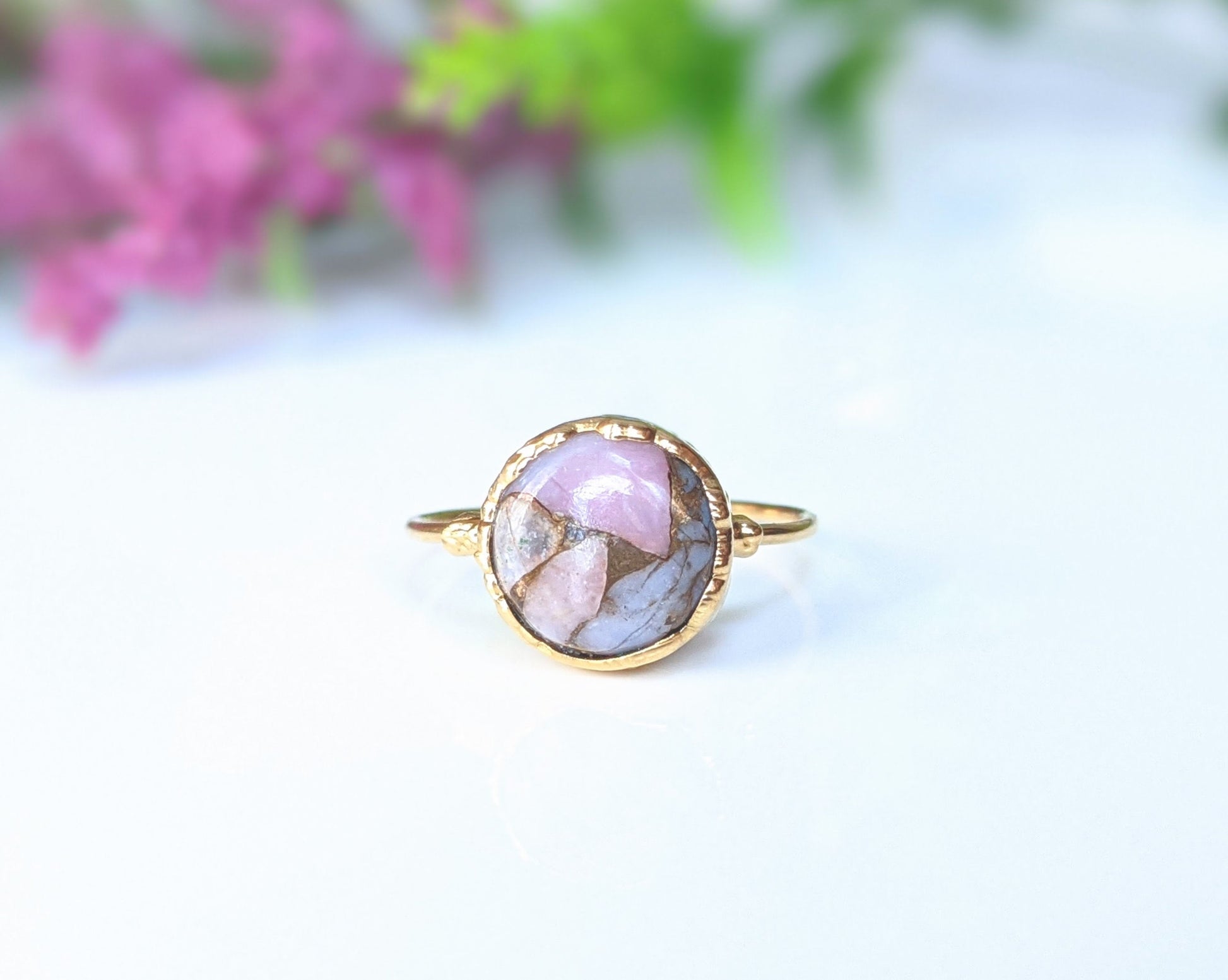 Pink Opal Copper ring in unique 18k Gold setting 