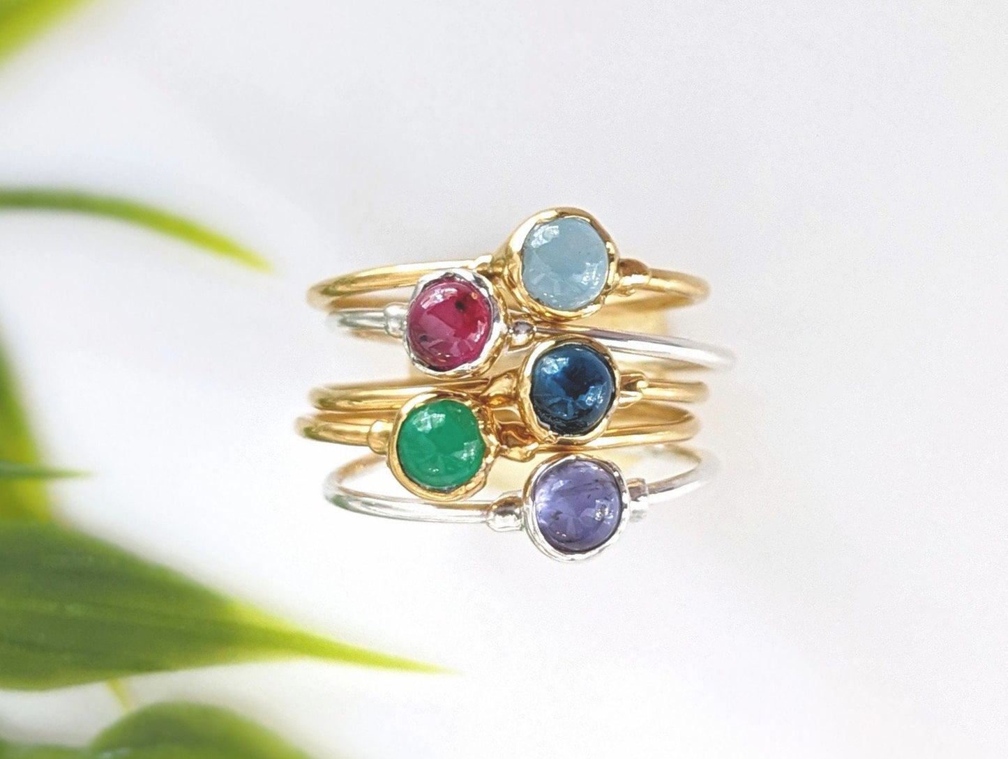 Dainty Birthstone stacking rings in unique Sterling Silver or 18k Gold setting