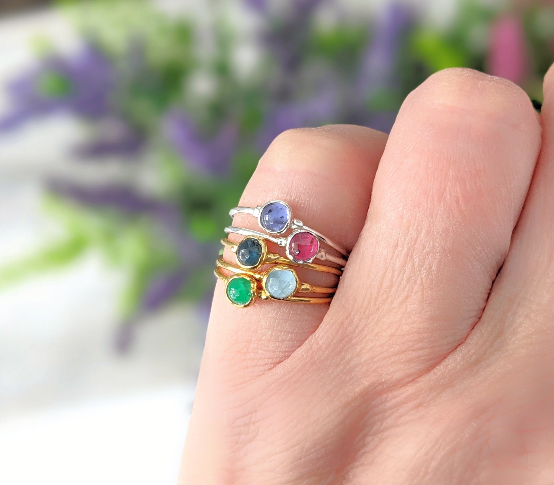 Dainty birthstone stacking rings in Sterling silver or 18k Gold