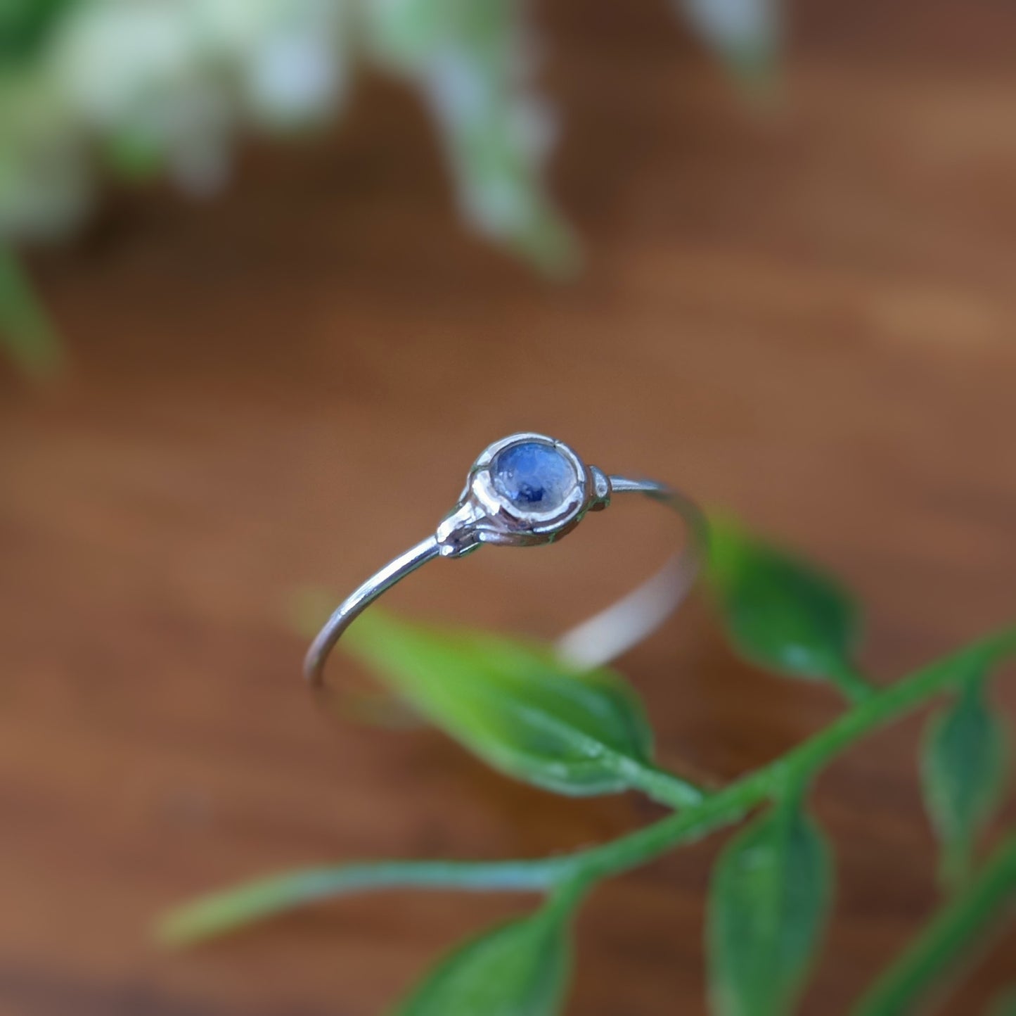 Dainty Blue Moonstone June Birthstone Stacking ring in unique Sterling Silver setting