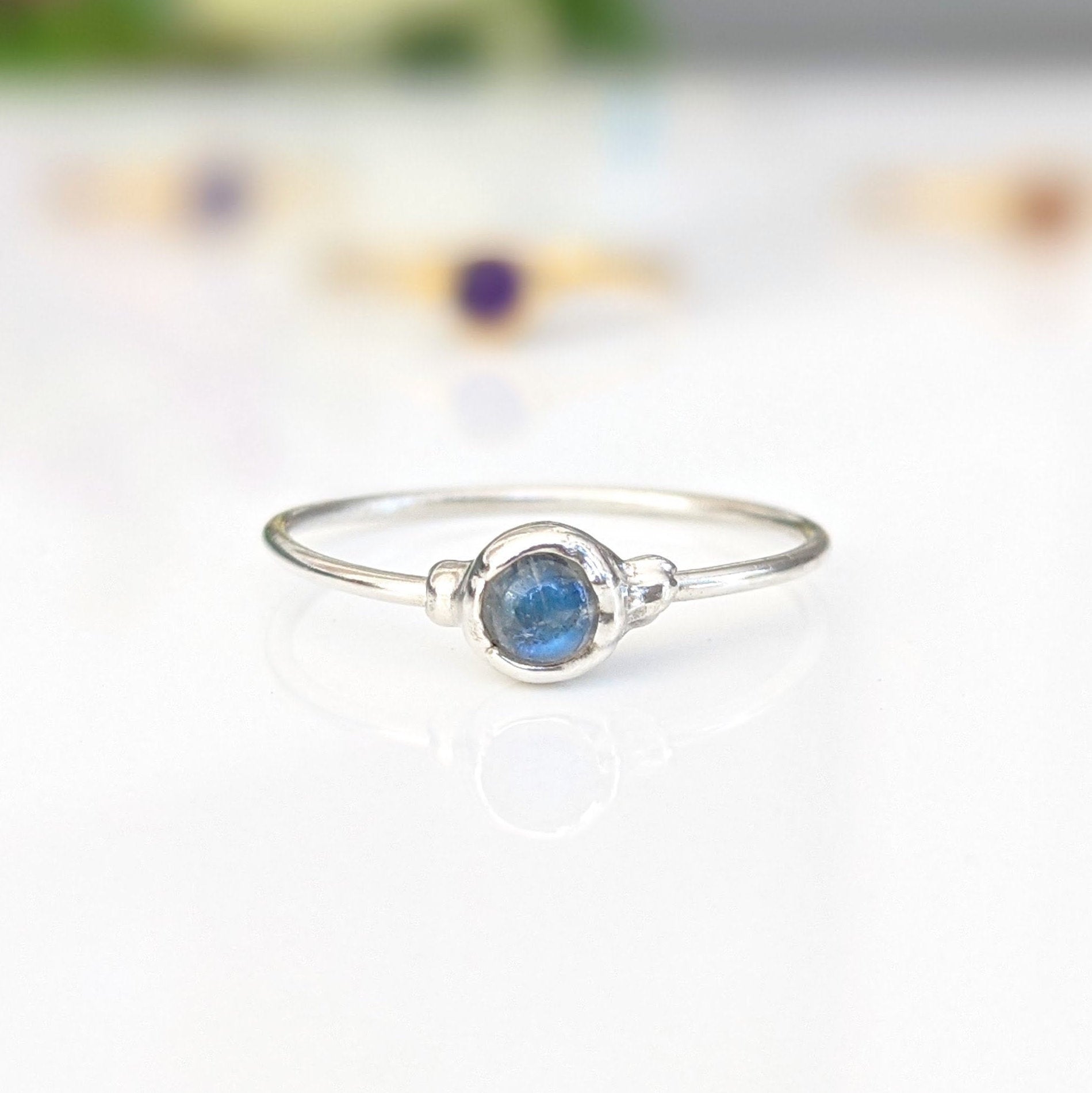 Dainty Blue Moonstone June Birthstone Stacking ring in unique Sterling Silver setting