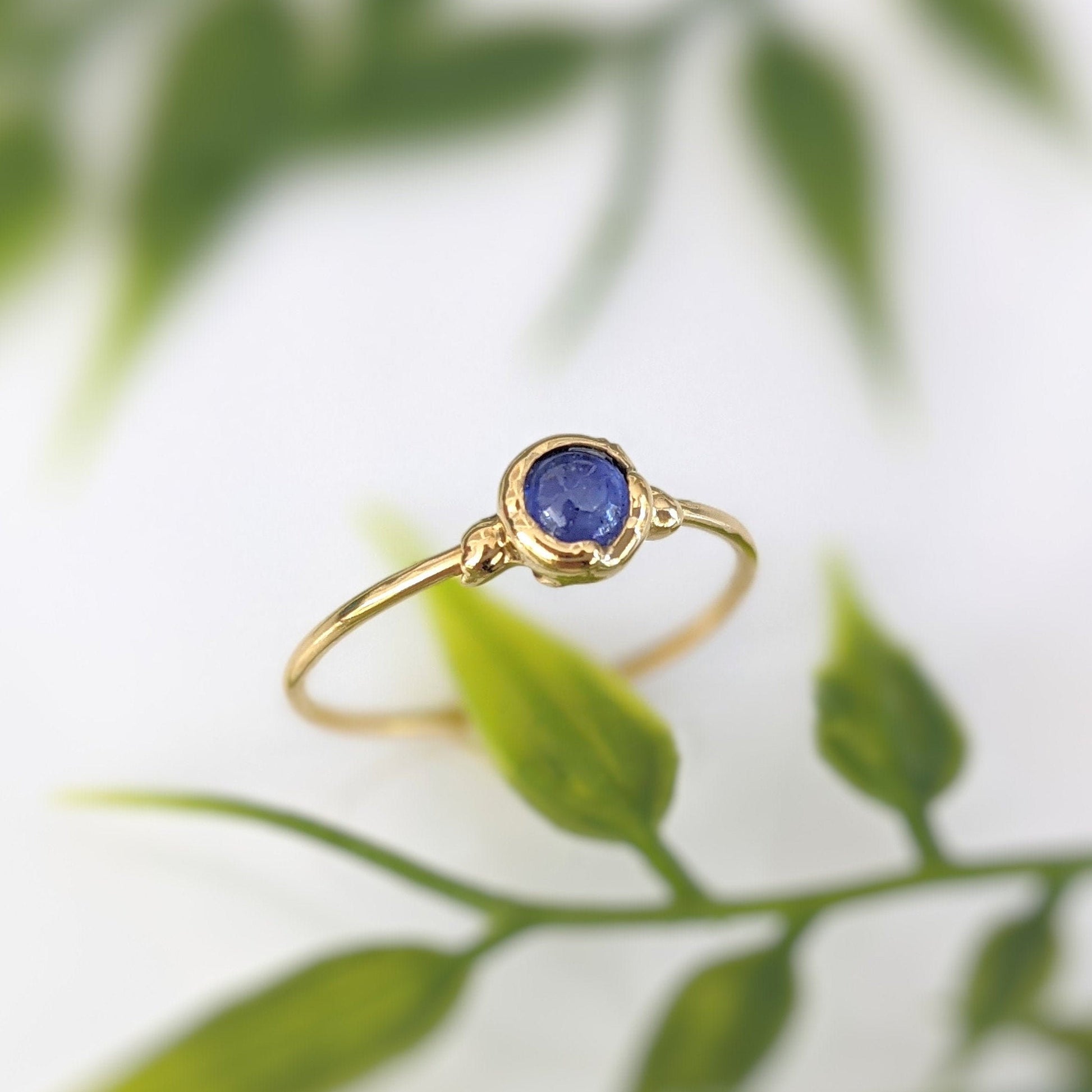 Dainty Sapphire September Birthstone Stacking ring in unique 18k Gold setting