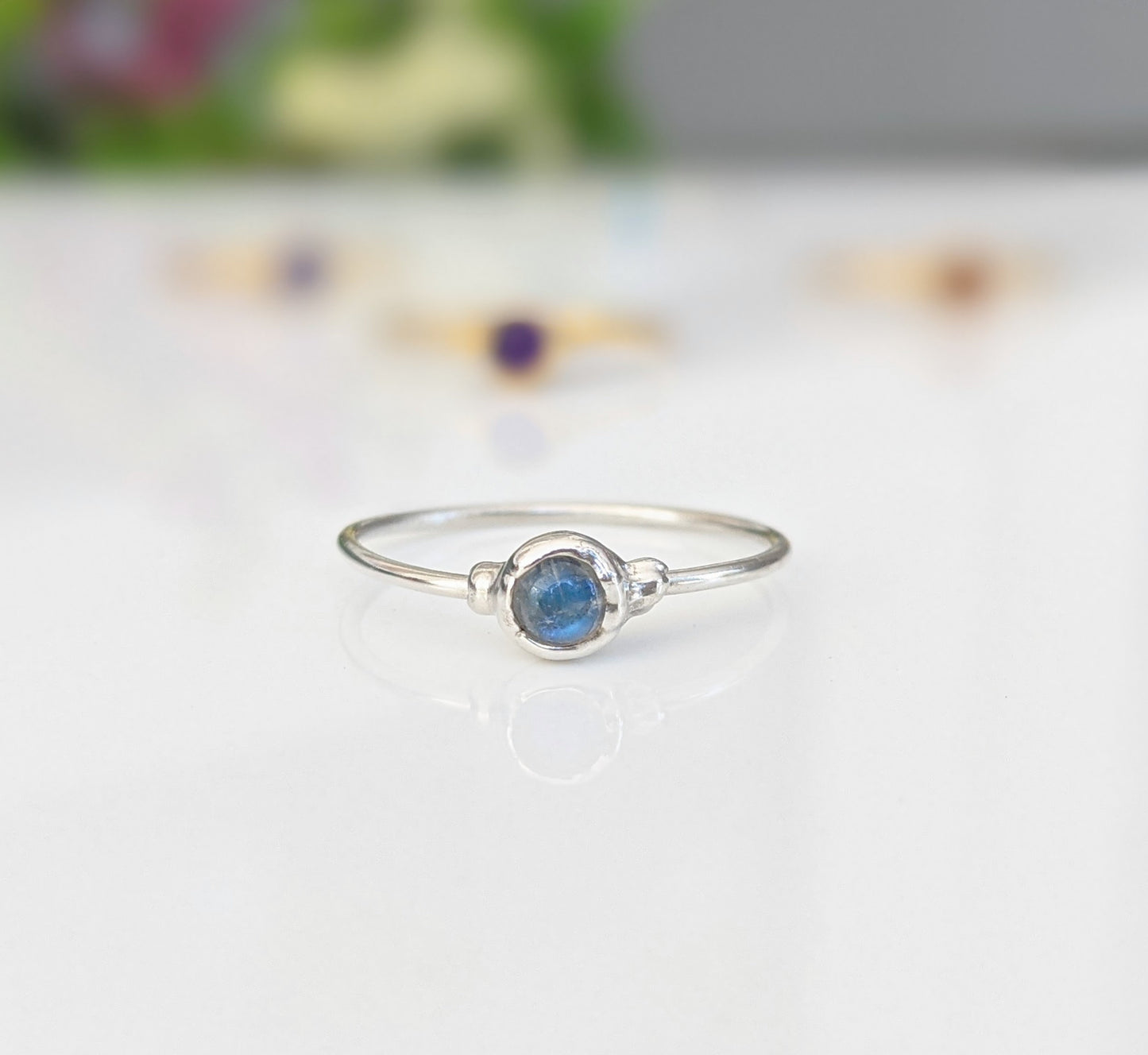 Dainty Moonstone Stacking rings in unique Sterling Silver setting
