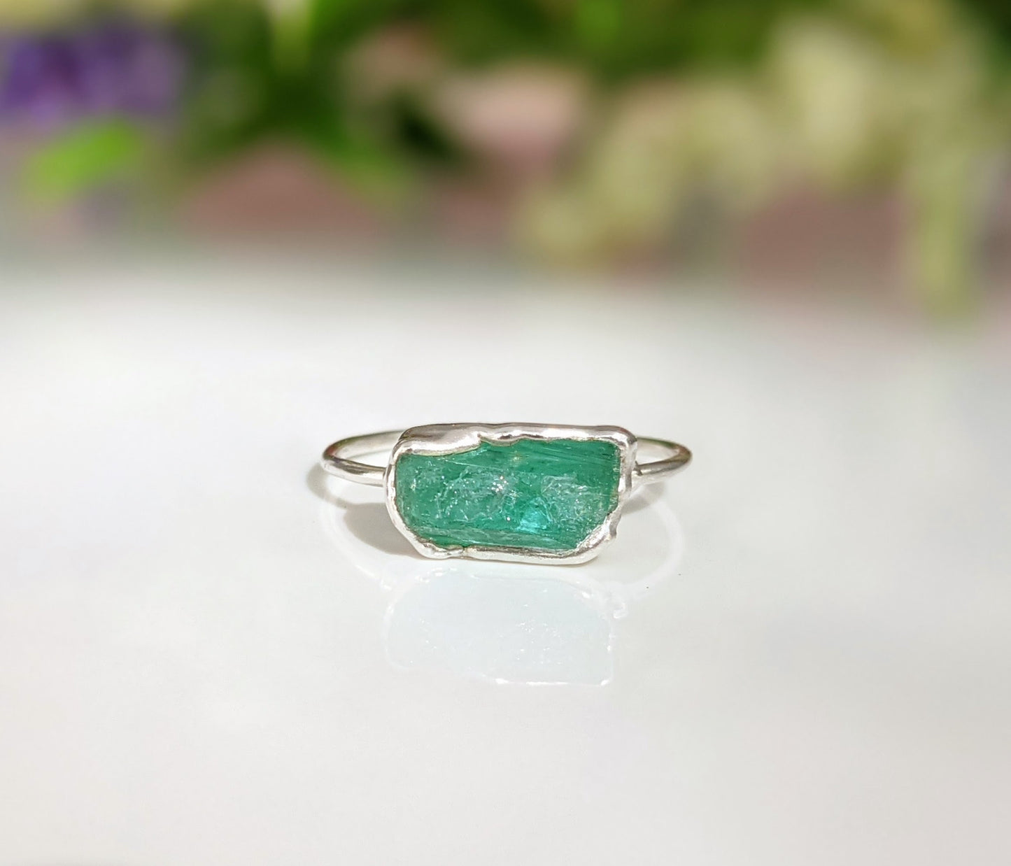 Raw Emerald ring set in unique Fine 99.9 Silver setting