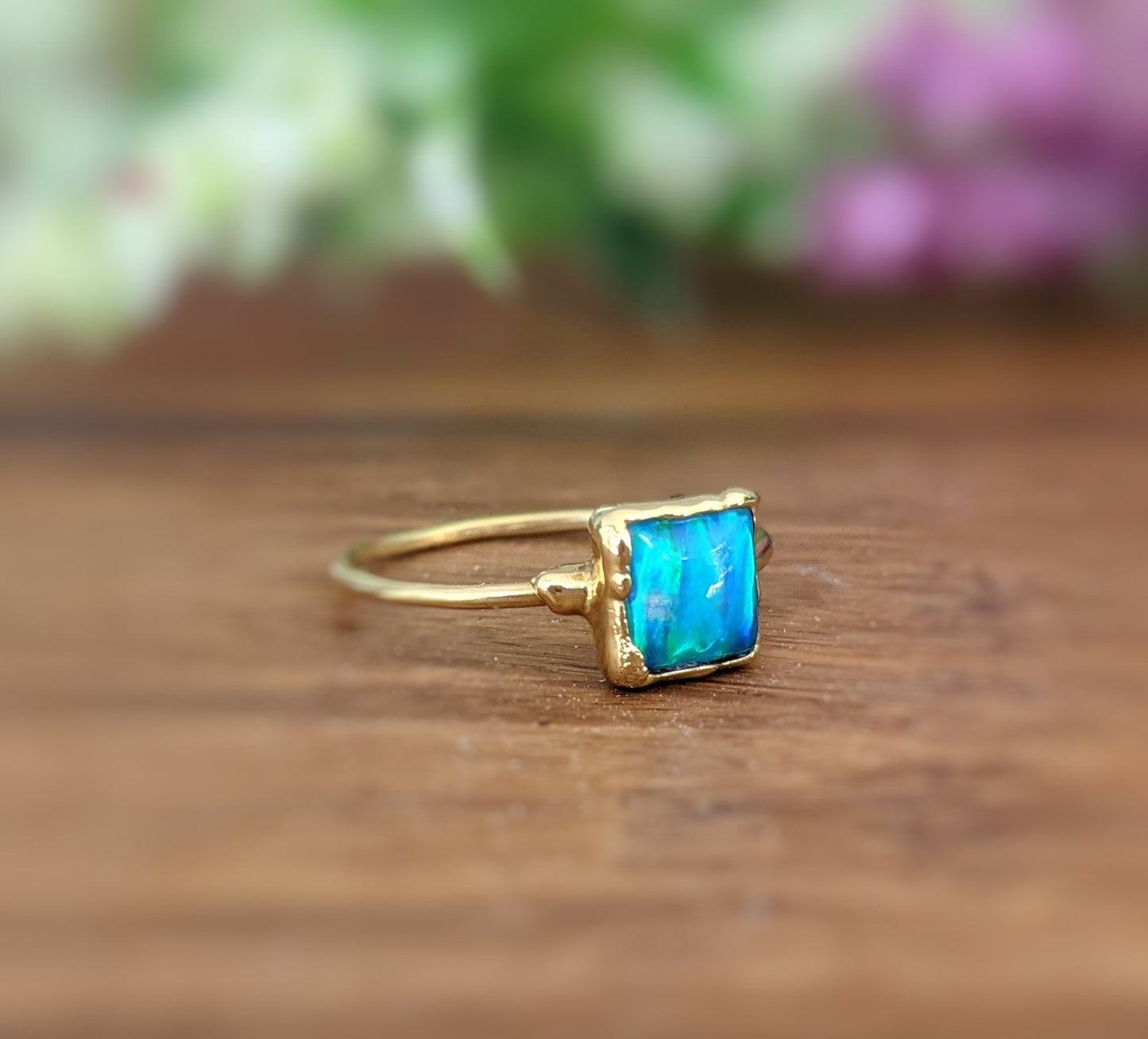 Square Blue Opal ring in unique 18k Gold setting
