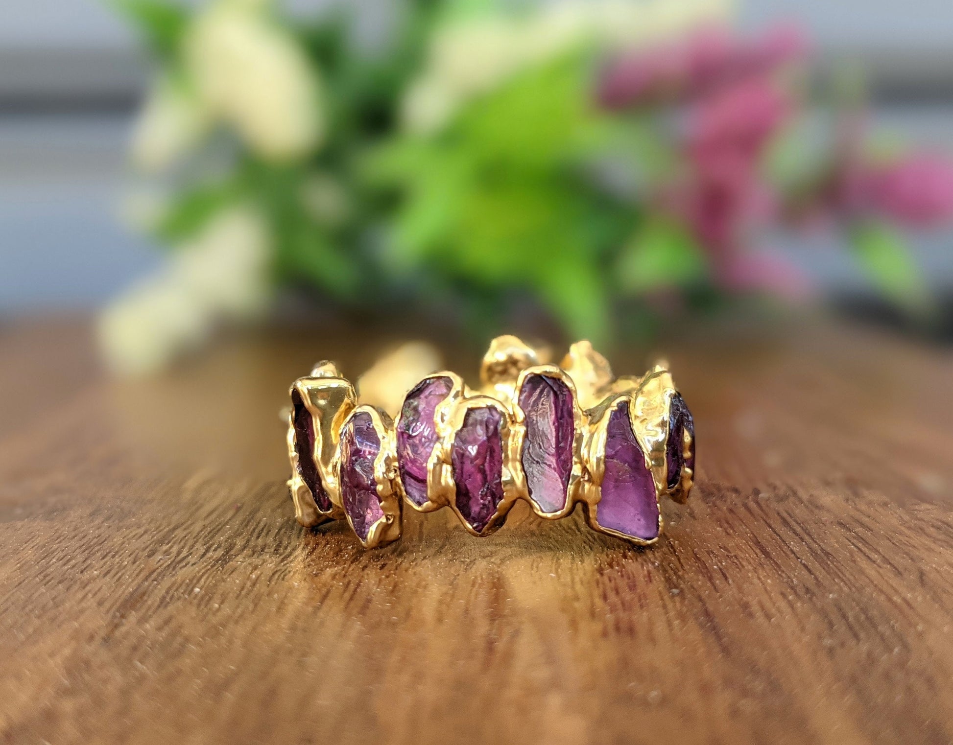 Raw Rhodolite Garnet Eternity ring in unique 18k Gold setting