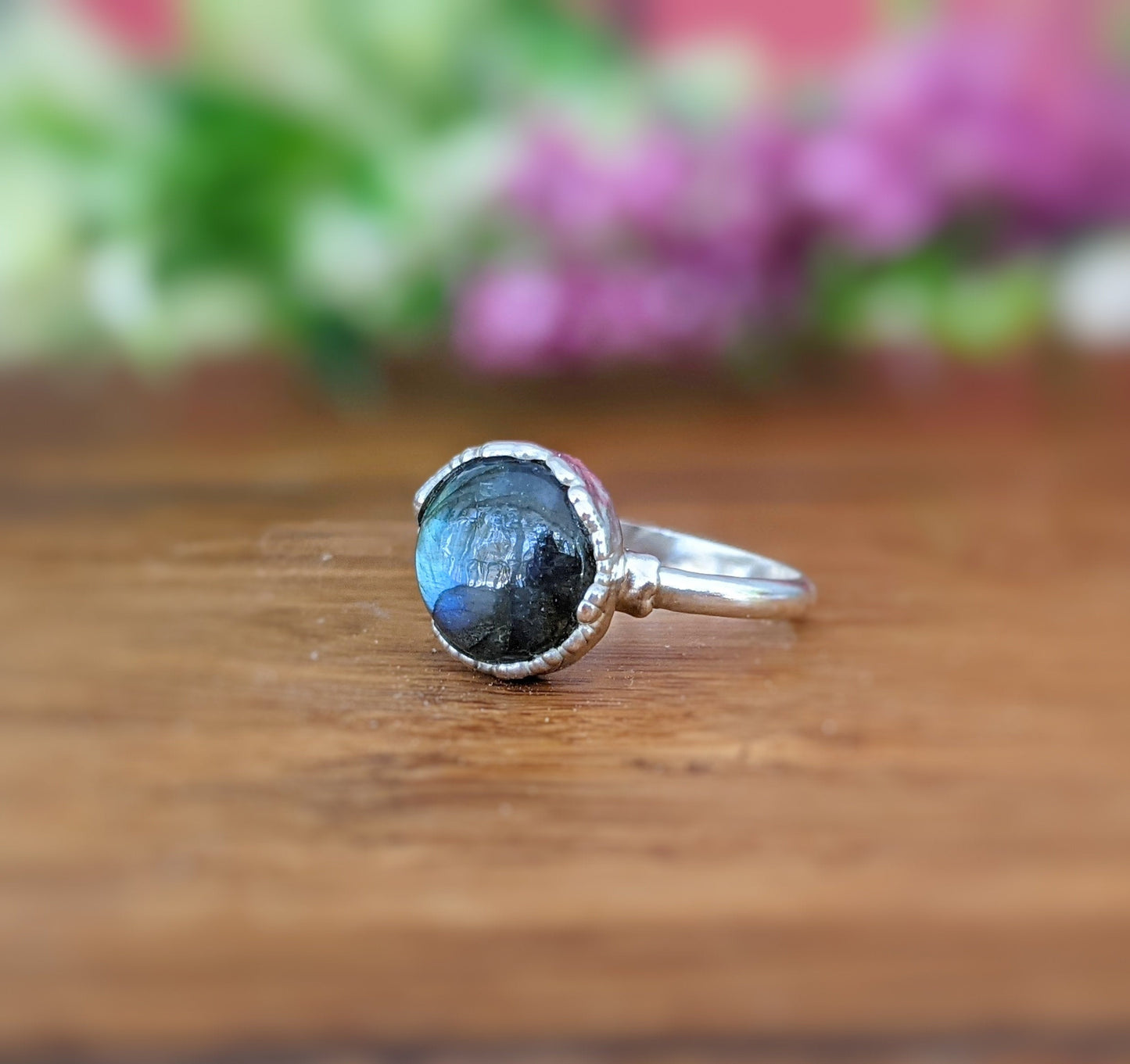 Round Labradorite ring in unique Fine 99.9 Silver setting