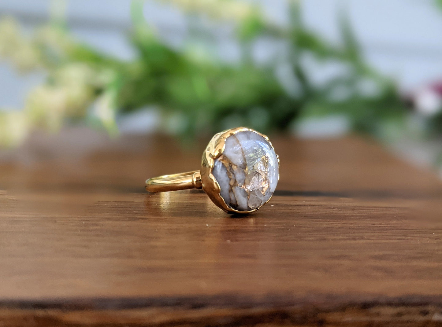 Round White Calcite Copper ring in unique 18k Gold setting
