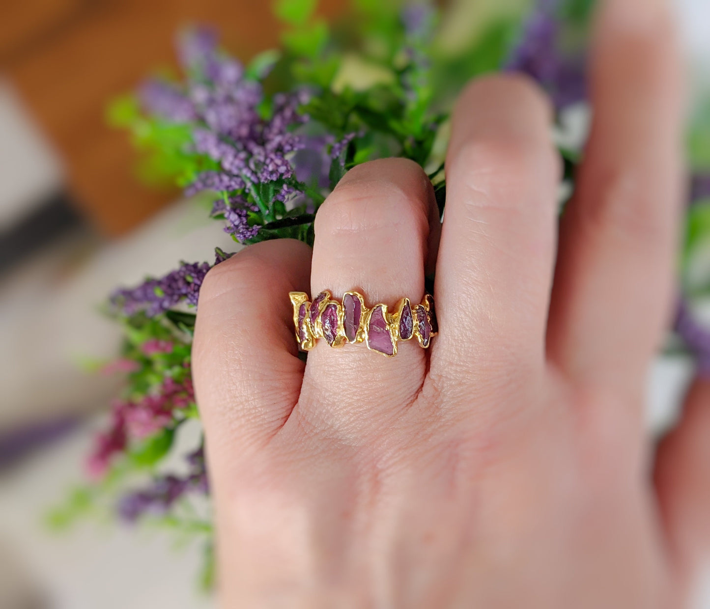 Rhodolite Garnet Eternity ring in unique 18k Gold setting