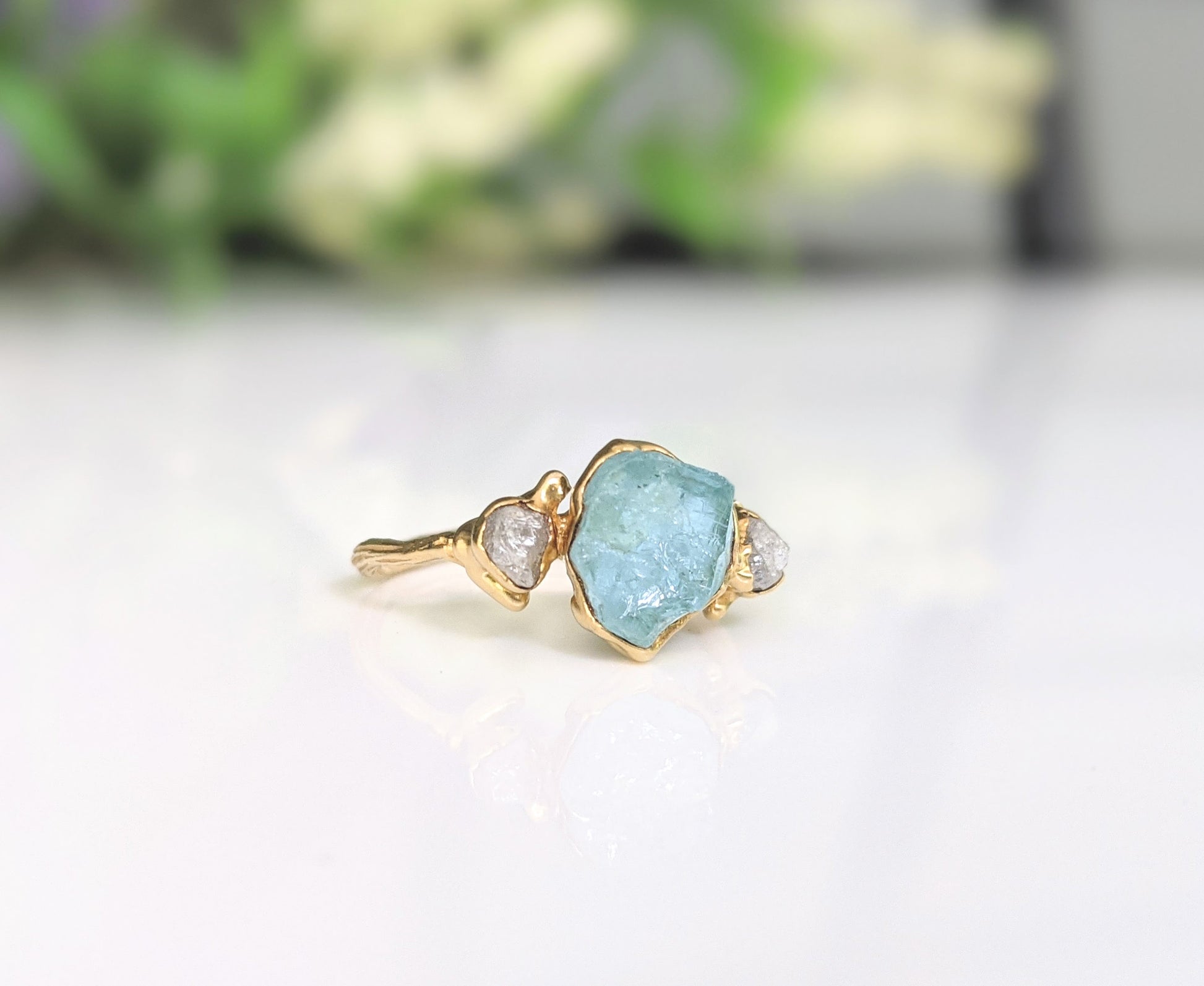Raw Aquamarine and rough diamond Twig Engagement ring in 18k Gold