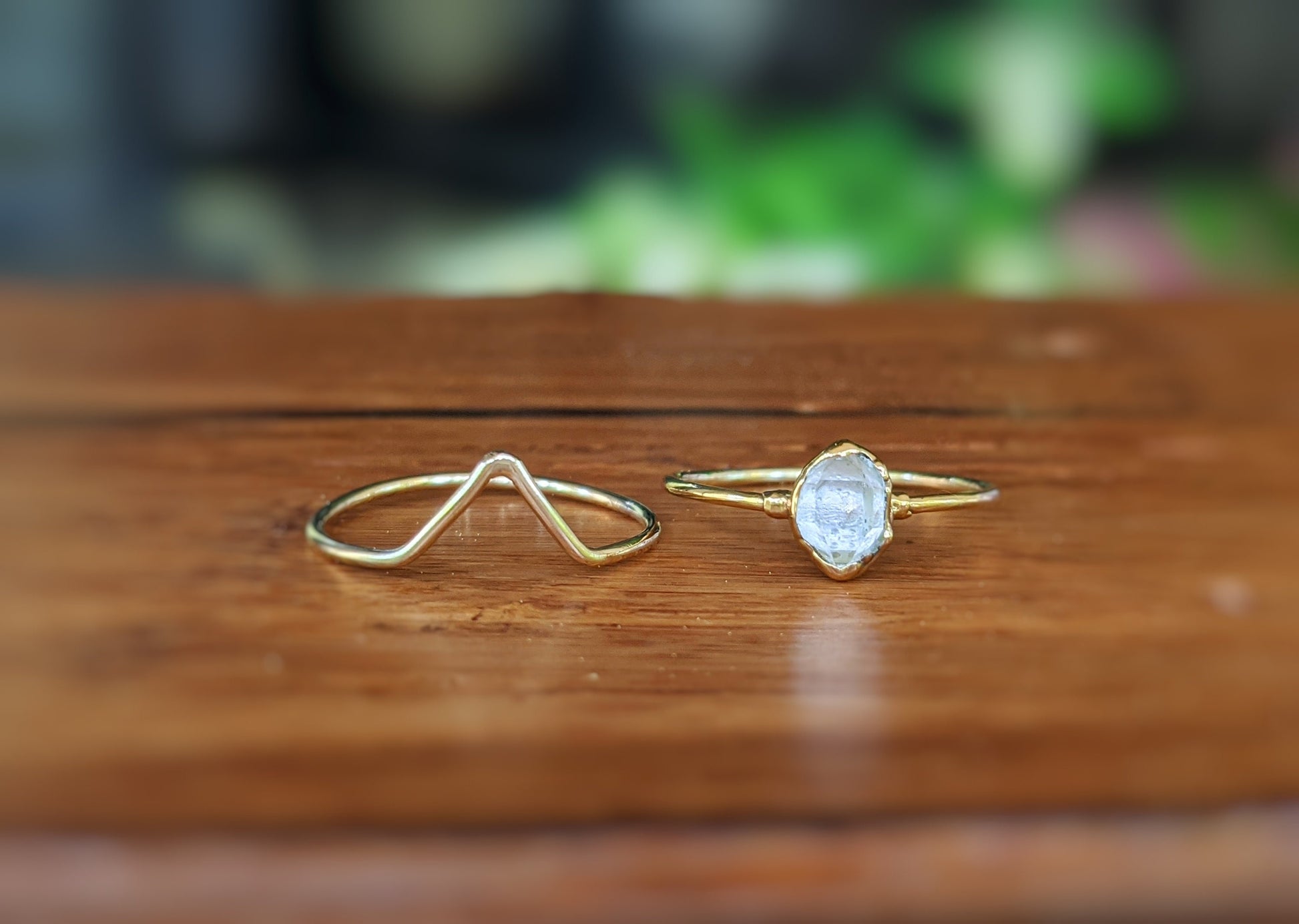 Herkimer diamond solitaire engagement Chevron ring set in 18k Gold