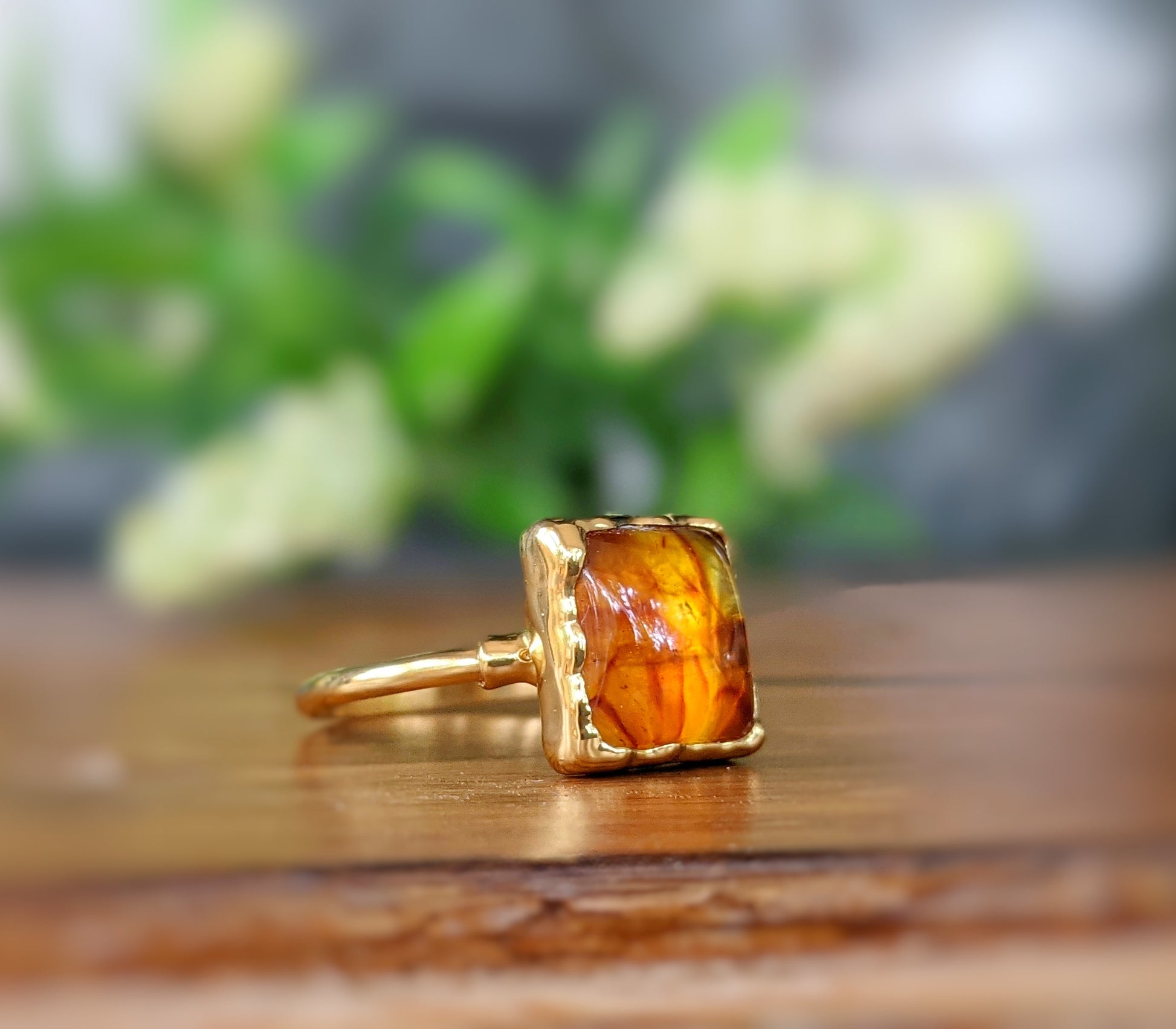 Square Baltic Amber ring in unique 18k Gold setting
