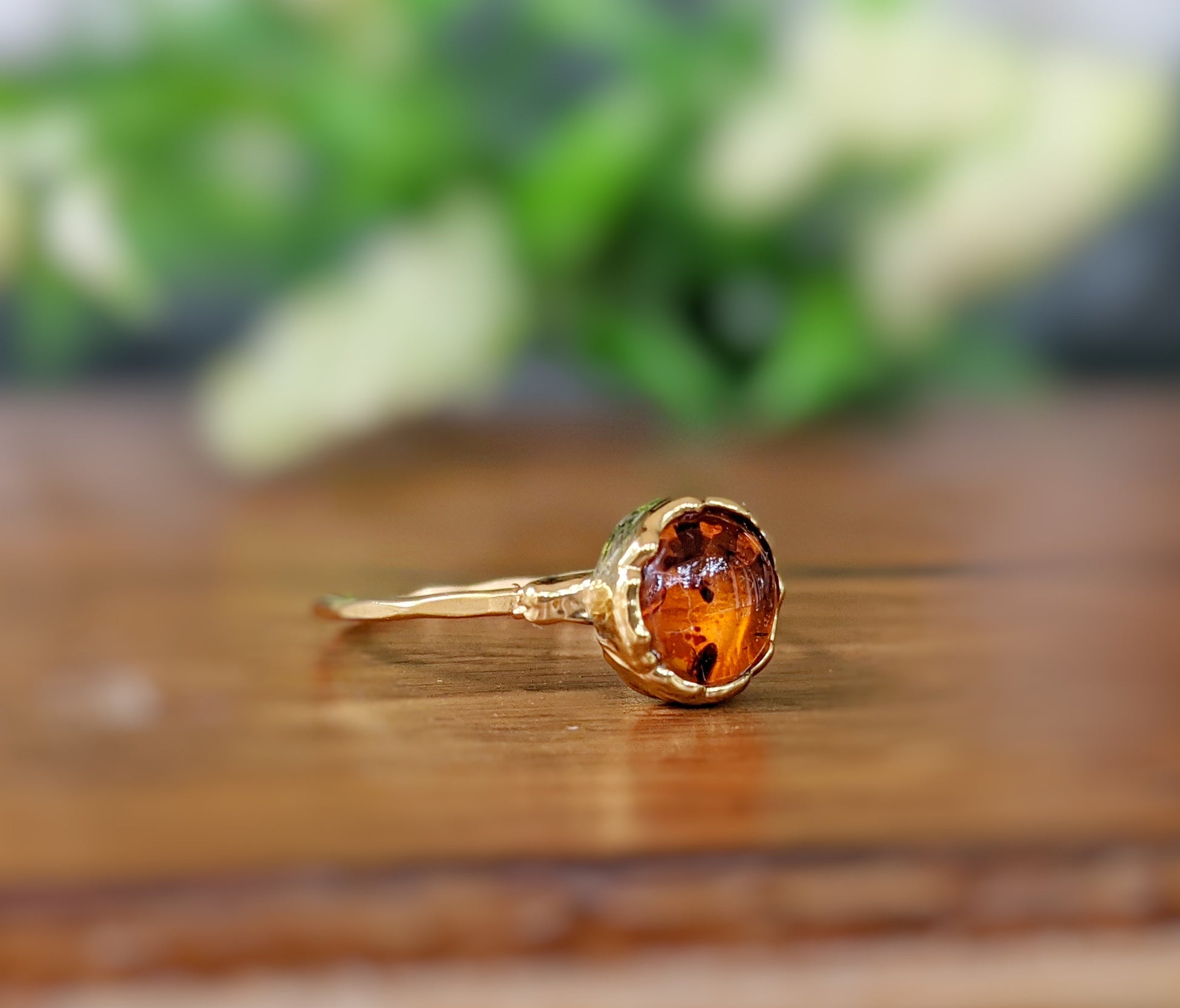 Round Baltic Amber ring in unique 18k Gold setting