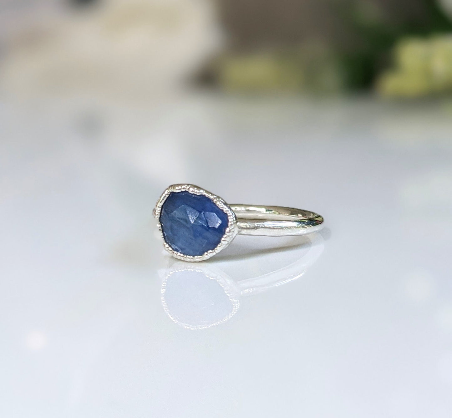 Blue Kyanite ring in unique Fine 99.9 Silver setting