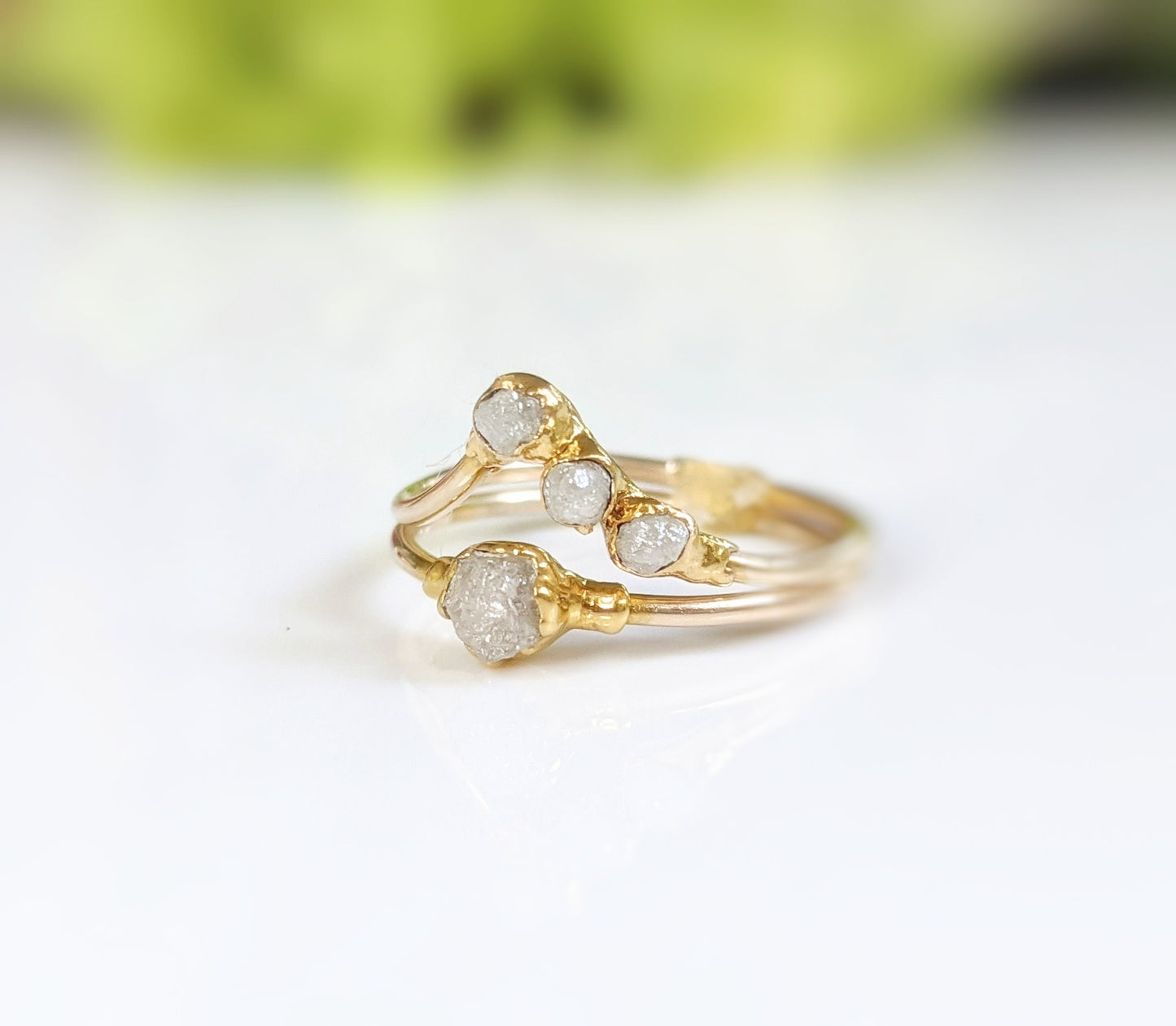 Raw diamond Chevron engagement ring set in 18k Gold