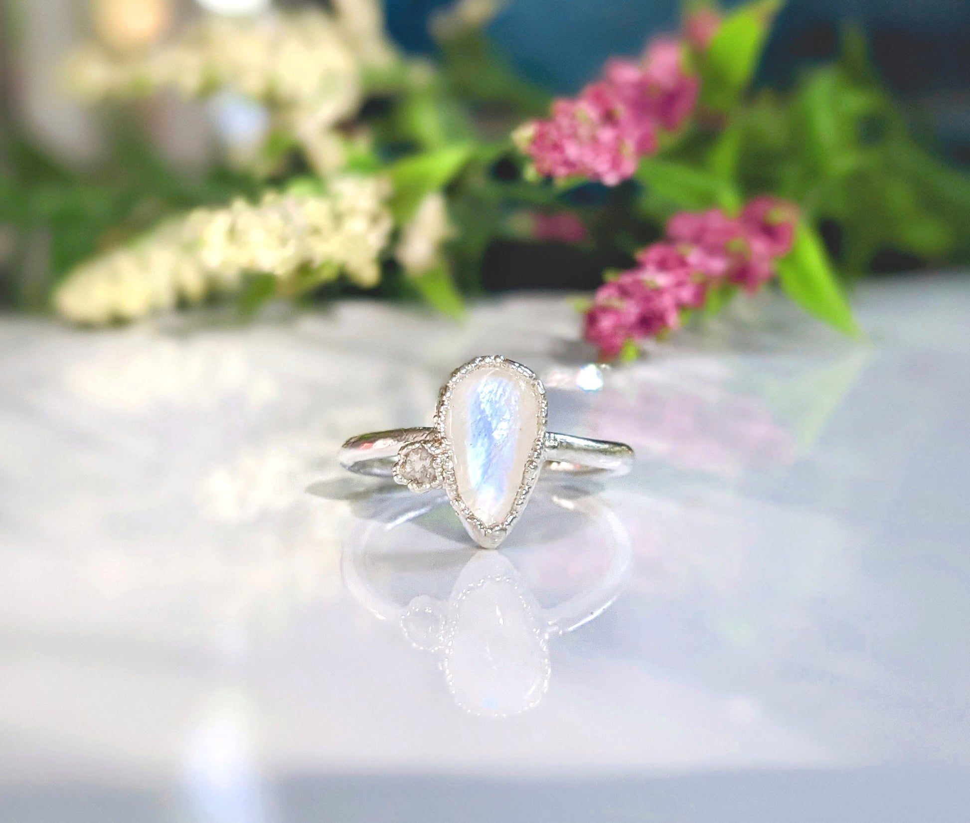 Pear shape Rainbow Moonstone and raw Diamond Engagement ring in unique Fine 99.9 Silver setting