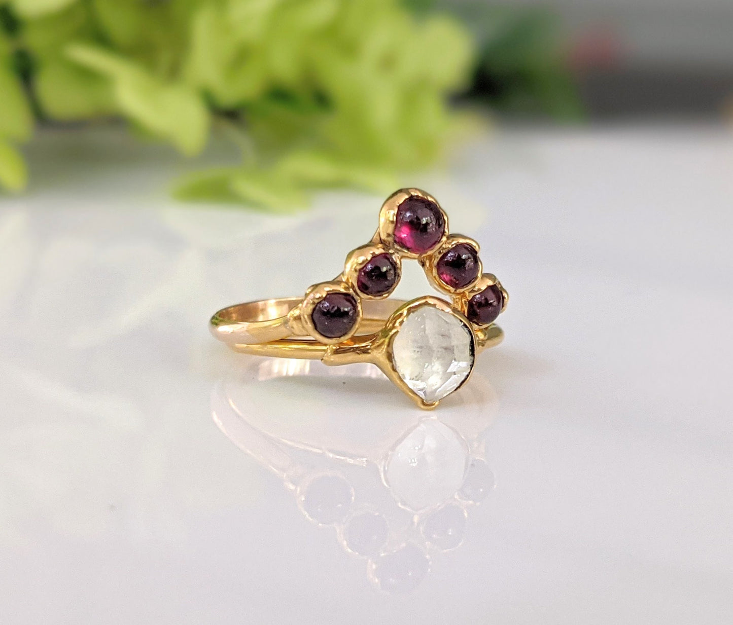 Herkimer diamond and Ruby Chevron wedding ring set in 18k Gold