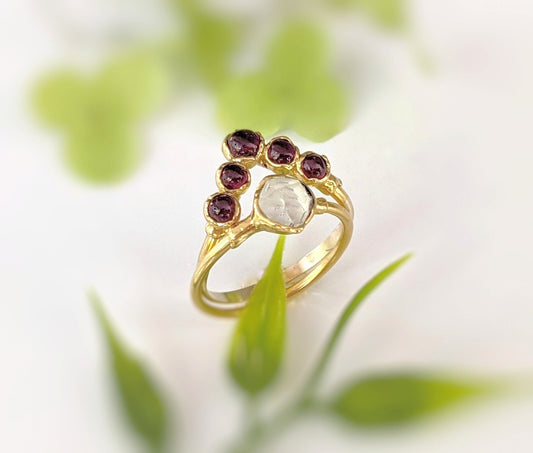 Herkimer diamond and Ruby Chevron wedding ring set in 18k Gold